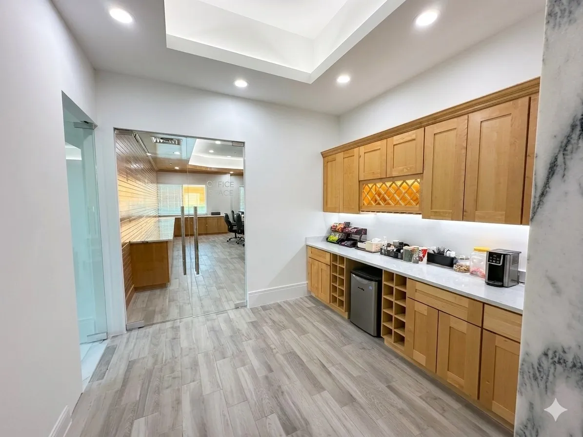 Wood-finish flooring, recessed lighting, built-in cabinetry, under-cabinet lighting, and glass panel doors