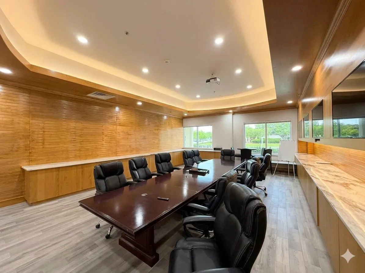 Recessed and cove lighting, wood-finish flooring, built-in cabinetry, and integrated display screens