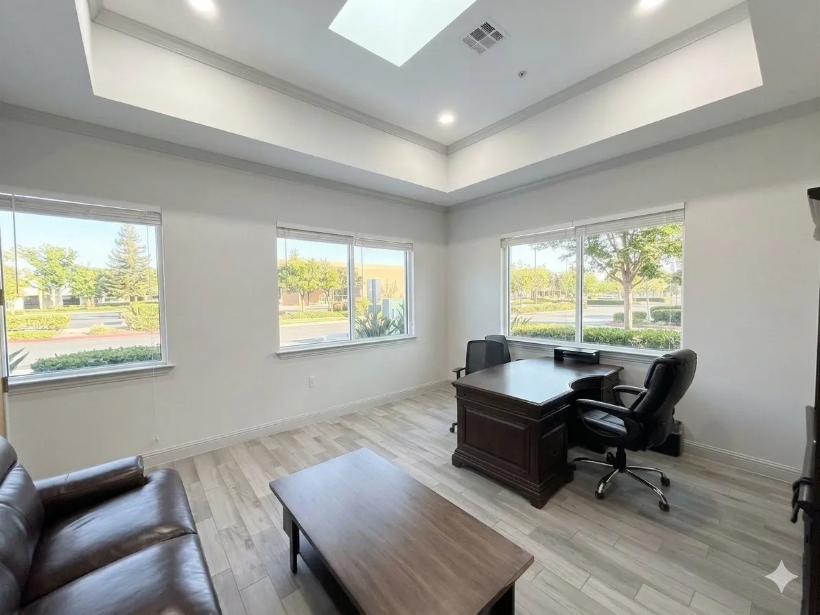 Tray ceiling with recessed lighting and skylight