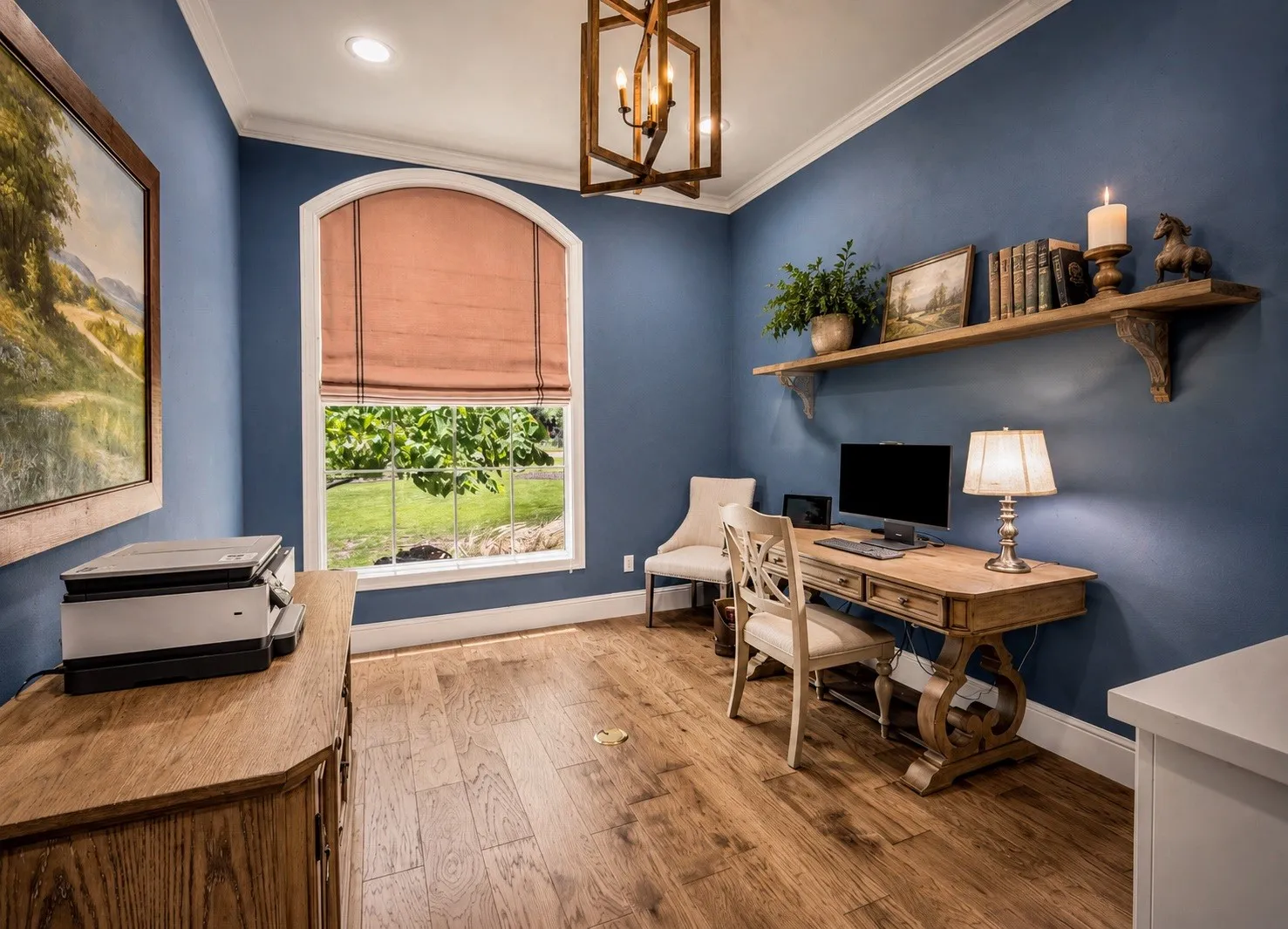 Warm office with pocket door. AI Shelf above desk.