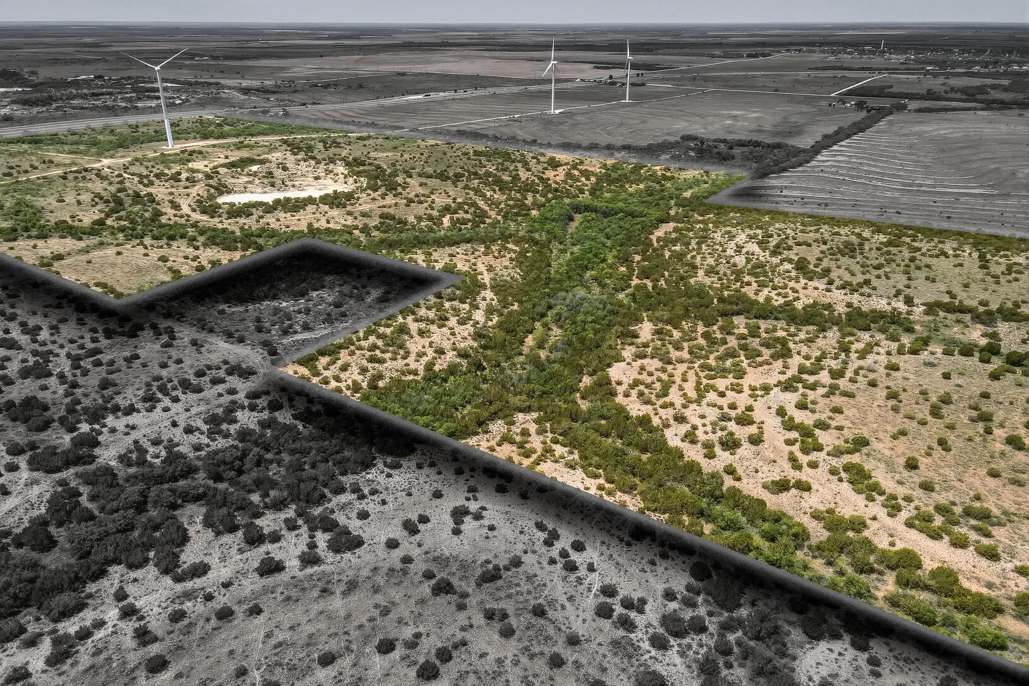 Expansive land parcel with varied natural vegetation, including dense green foliage and drier scrub