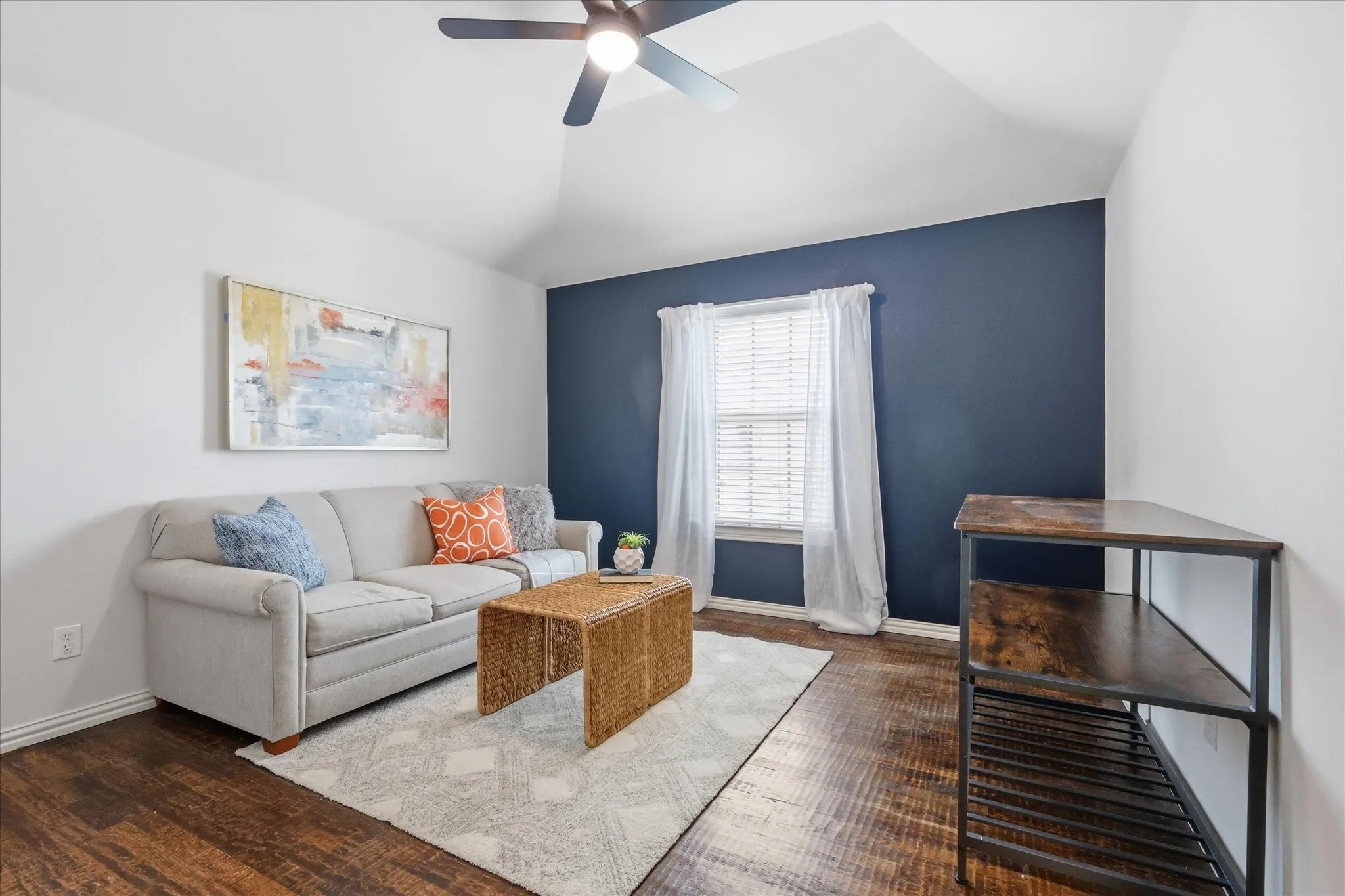 2253 Big Valley Circle, Allen, TX 75013 - bedroom - bedroom featuring vaulted ceilings, wood-finish flooring, a window with blinds, and a ceiling fan