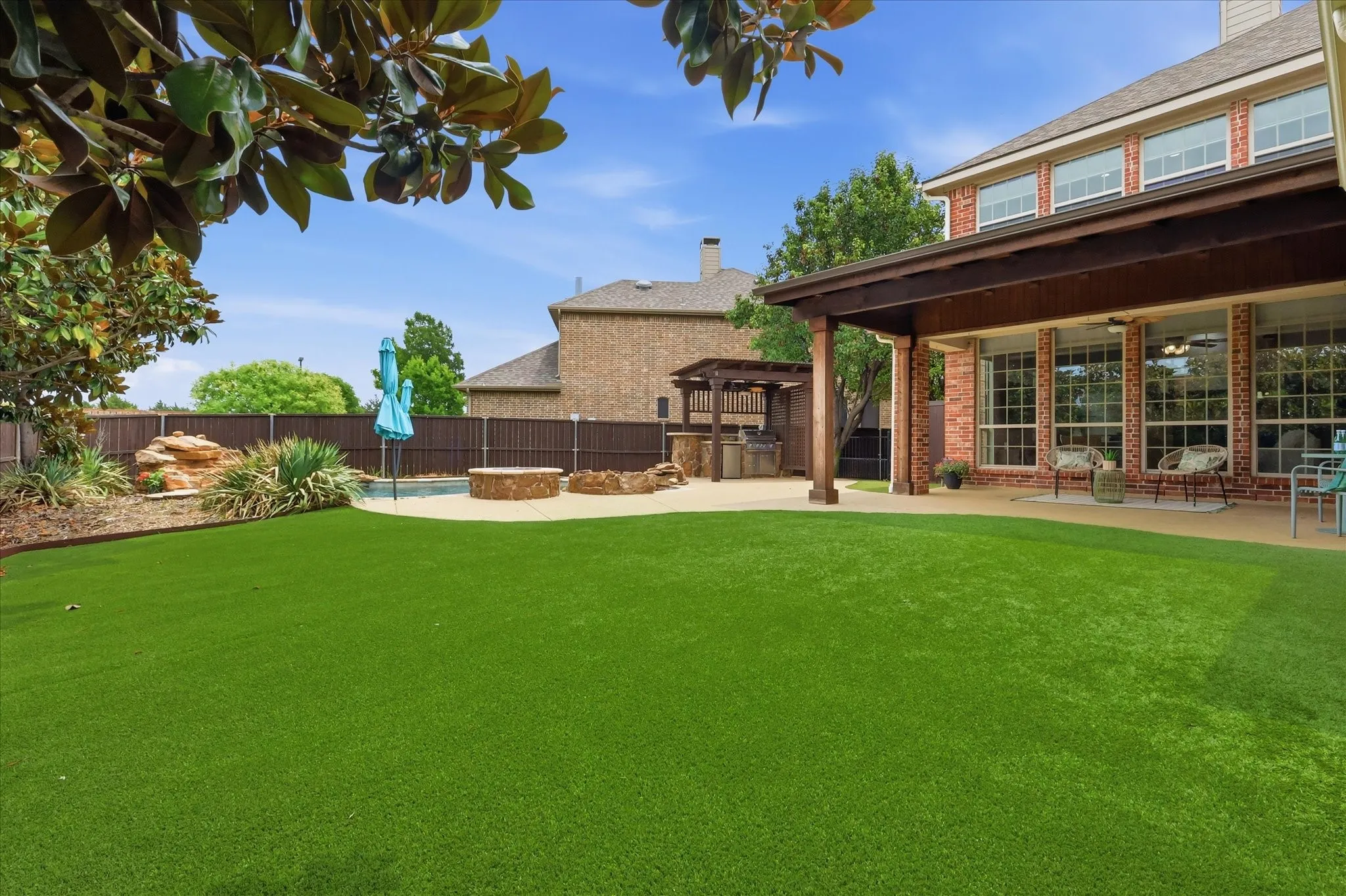 2253 Big Valley Circle, Allen, TX 75013 - Backyard - Expansive artificial turf lawn with a large covered patio, stone fire pit, and built-in outdoor kitchen