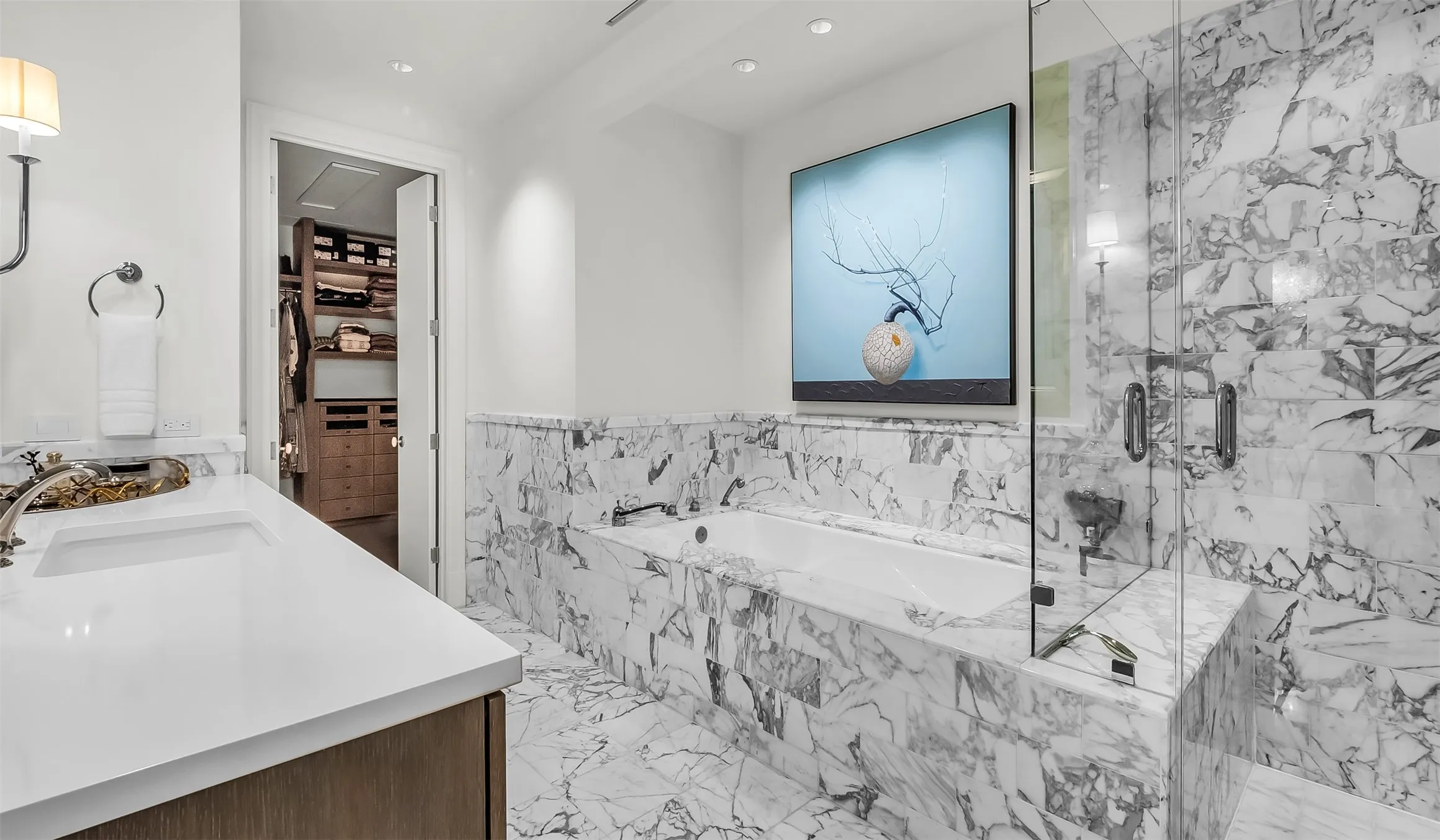 Beautifully Appointed His and Her Bathroom Marble Bathroom..