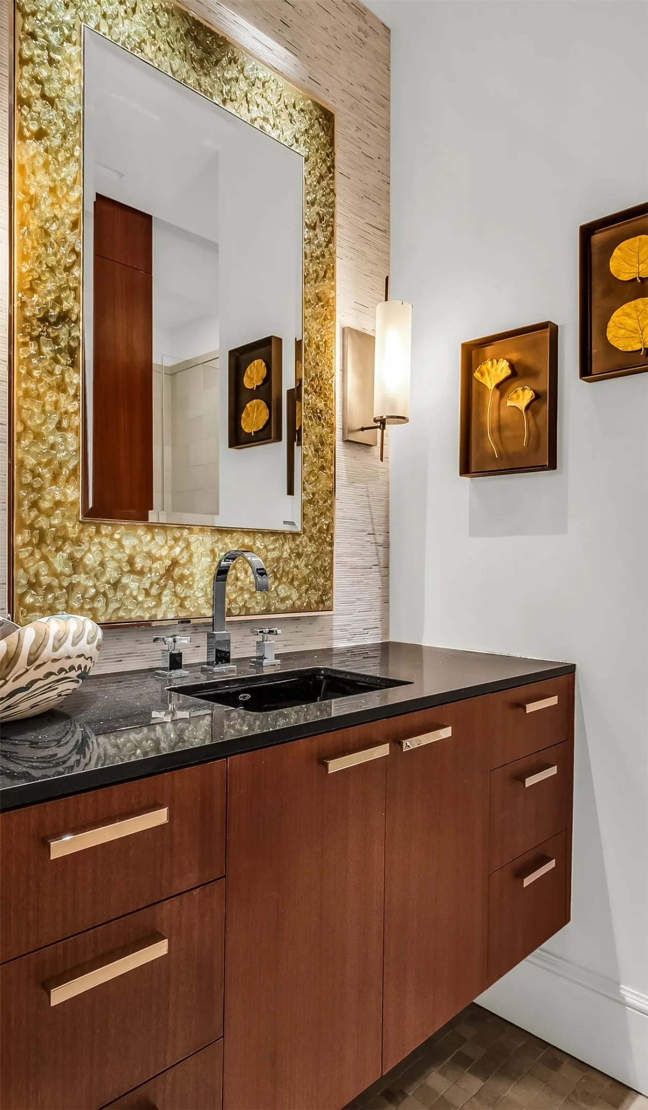 Fourth Bathroom Has Onyx Tile Wall and John Richard Mirror.