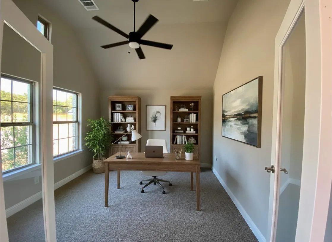 Study with single-lite glass double doors & ceiling fan