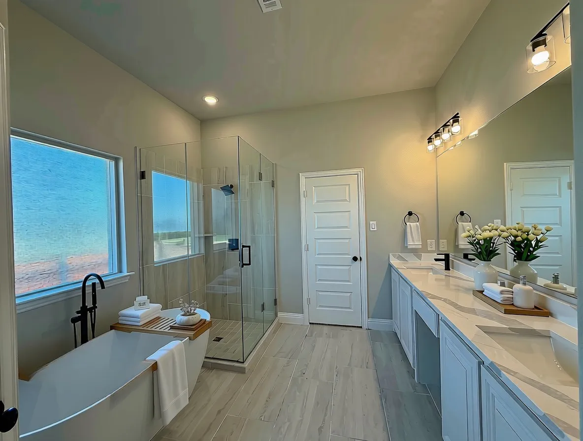 Spa-like master bathroom with quartz counters & 12x24 tile