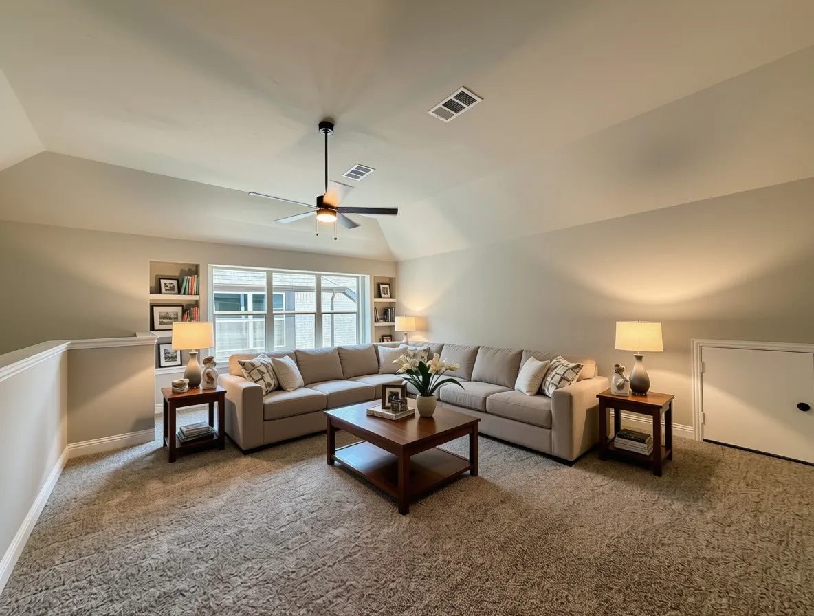Enormous gameroom with built-in shelves, walk -in game closet, and ceiling fan.