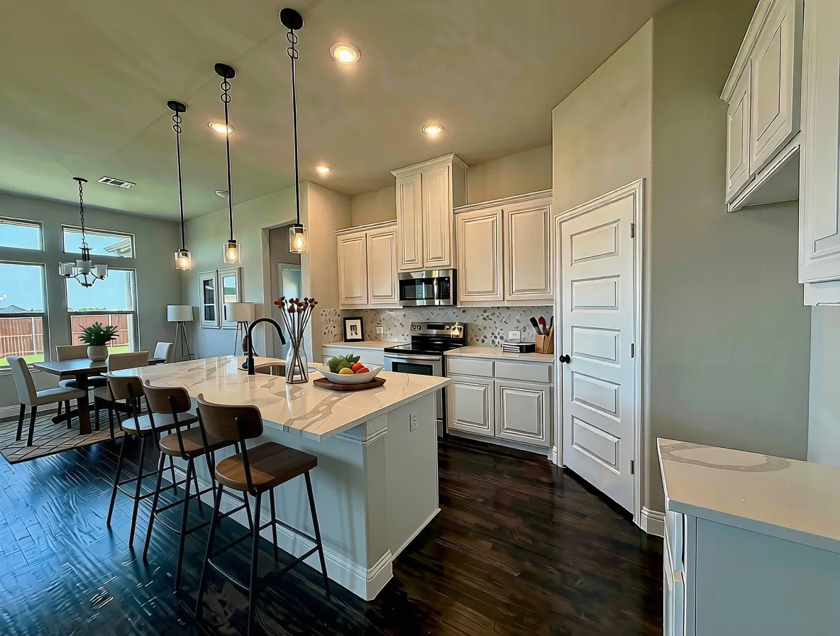 Chef's kitchen with white raised-panel cabinets, Gas stainless appliances, and decorative pendant lights
