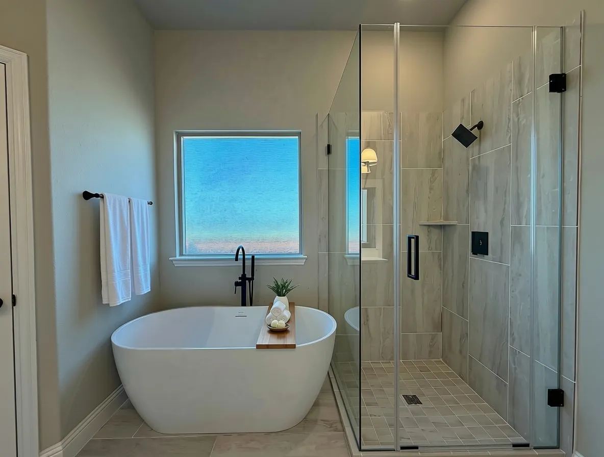 Elegant freestanding tub & tile shower pan with frameless glass(not installed yet) & extra hand-held diverter.