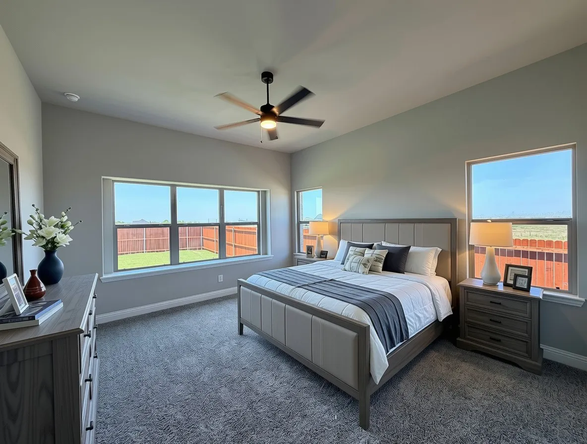 Large master bedroom with tall ceilings, ceiling fan & lots of windows
