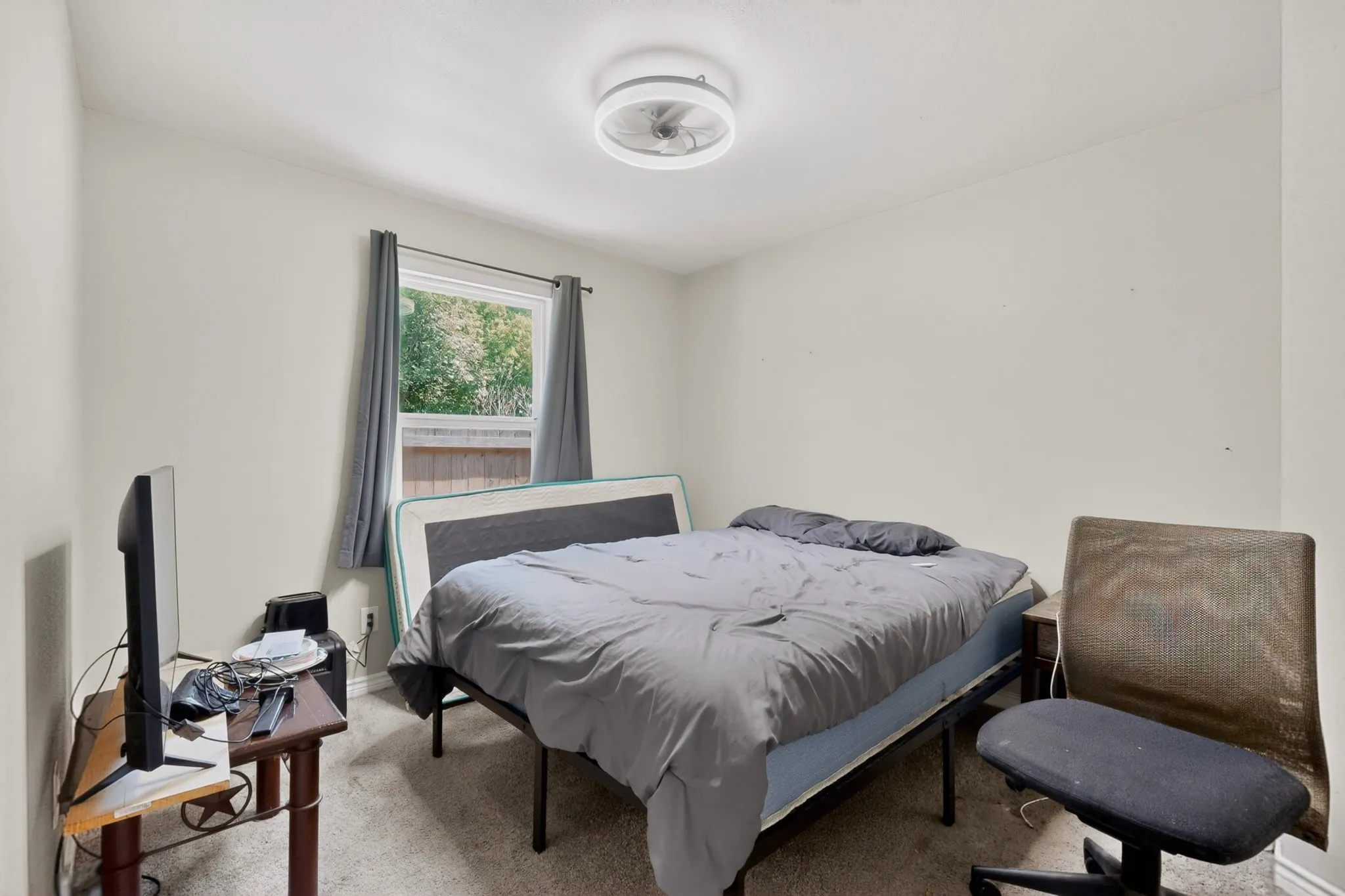 Carpeted room with neutral wall paint and a single window offering natural light