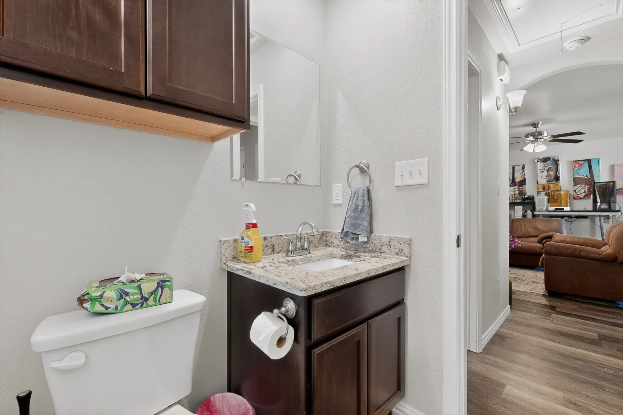 Vanity featuring a built-in sink, granite countertop, and dark wood-finish cabinetry