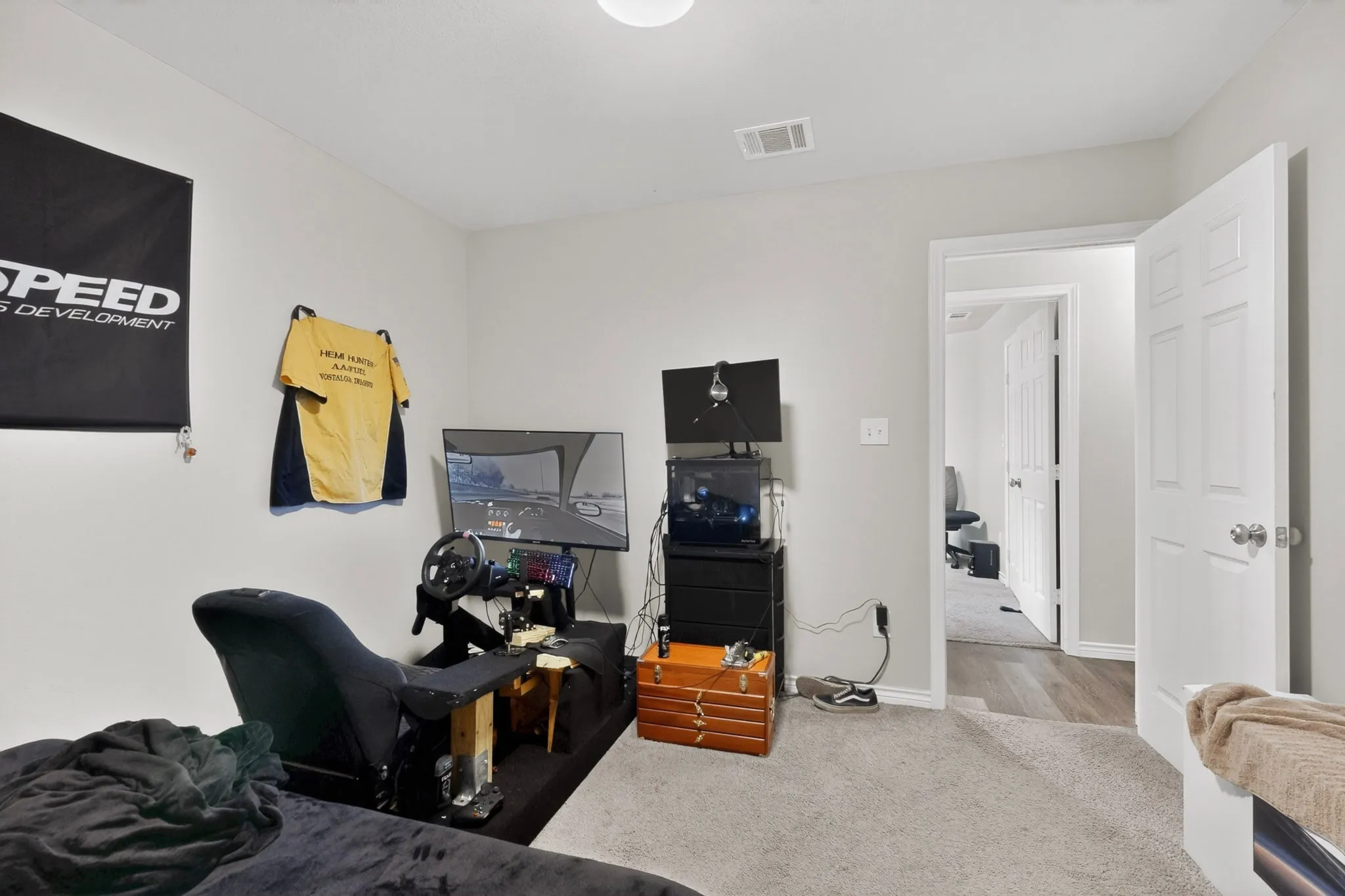 Carpeted room with a ceiling light fixture and white trim