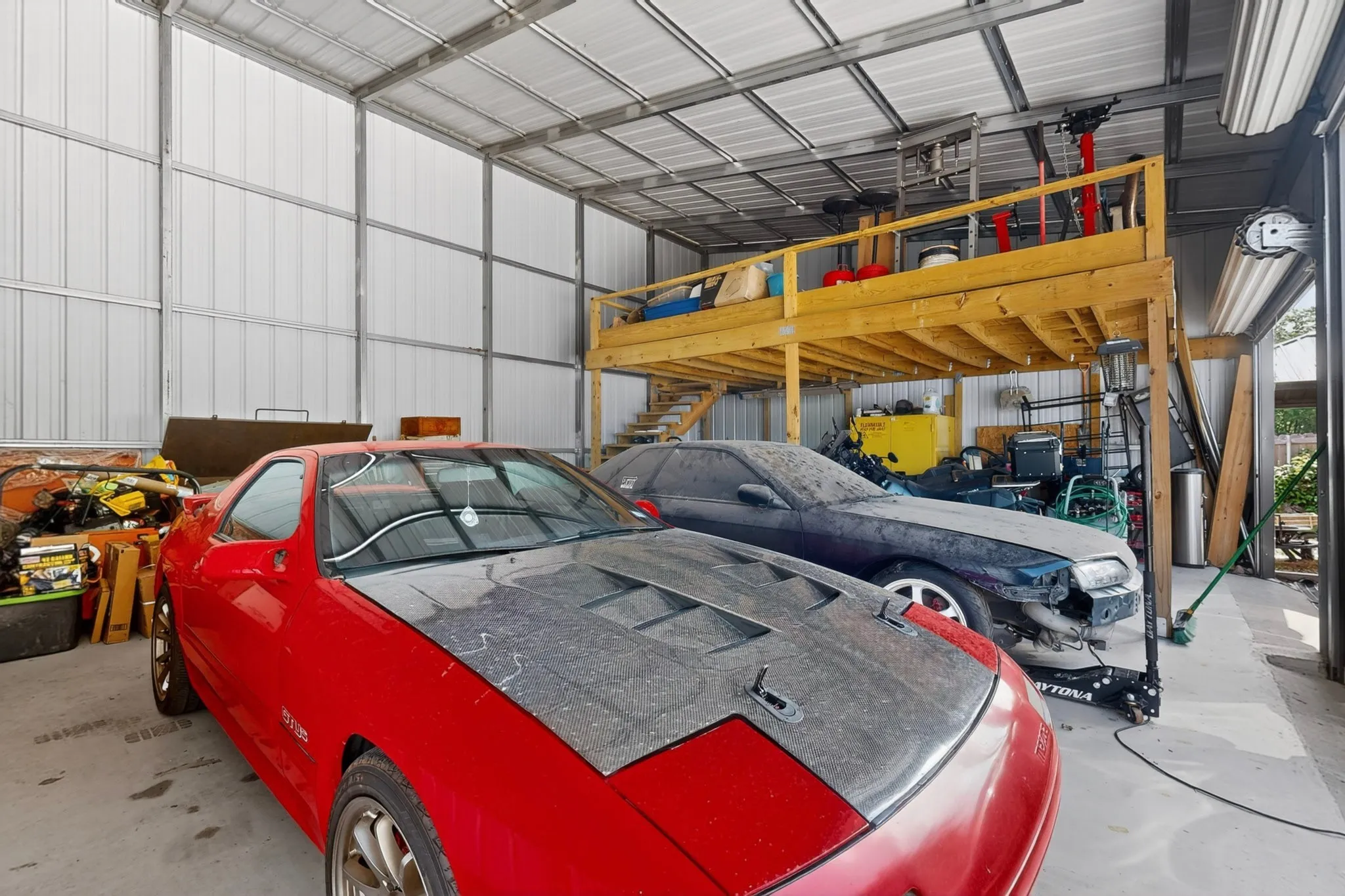 Large metal outbuilding with a two-level interior structure