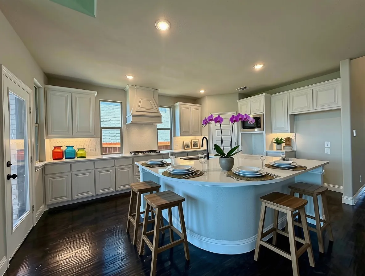 Gourmet kitchen with windows and an enormous curved island!