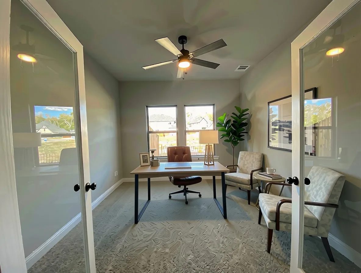 Modern single lite double doors in Study with ceiling fan
