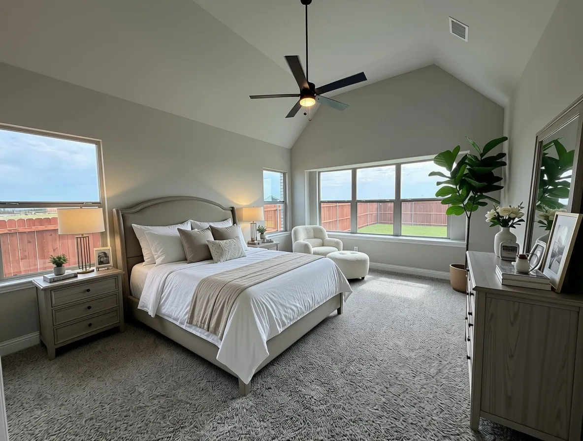 master bedroom retreat with window seat, vaulted ceiling, and fan