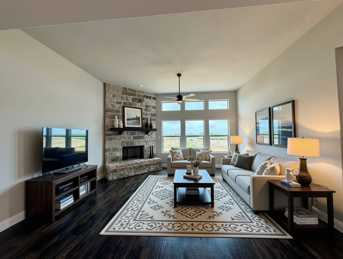 Family room boasts REAL hardwoods, stone fireplace, a wall of windows, and ceiling fan