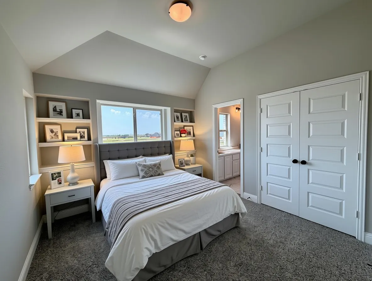 Bed 3 with built-in shelves and vaulted ceilibg and ensuite Jack & Jill bathroom