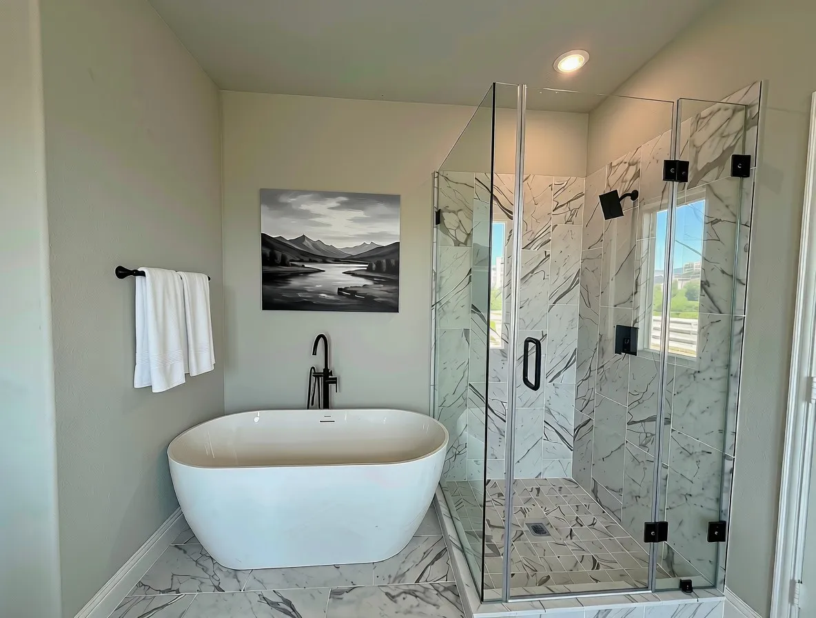 Modern freestanding tub and tile pan shower with frameless glass surround