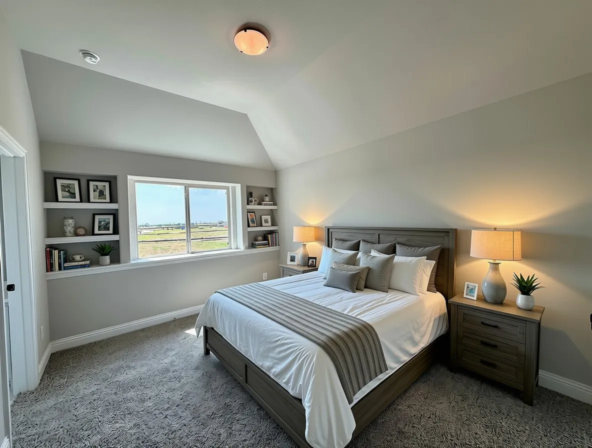 Bed 4 with built-in shelves and vaulted ceilibg and ensuite Jack & Jill bathroom