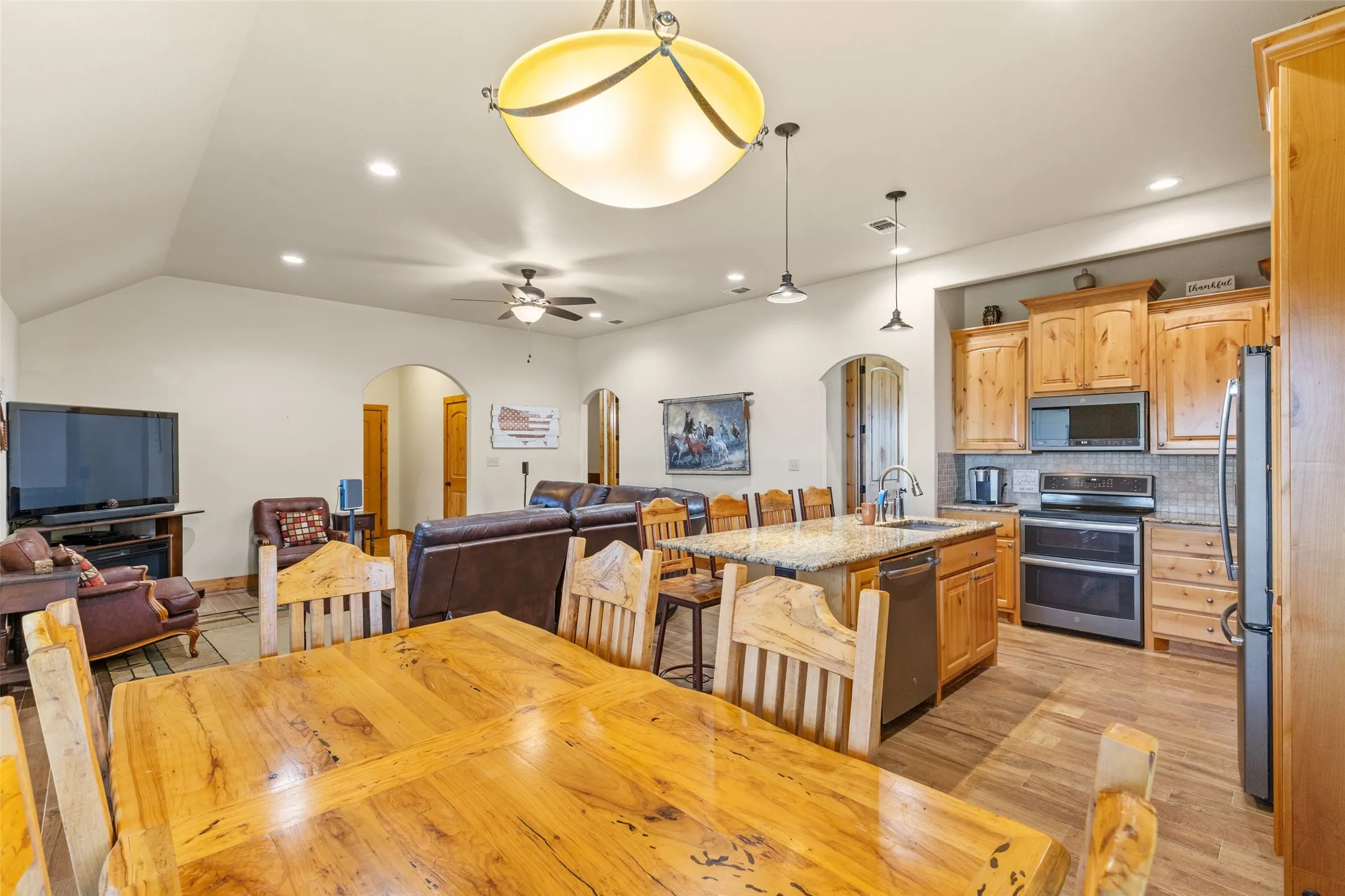 looking into kitchen and living room