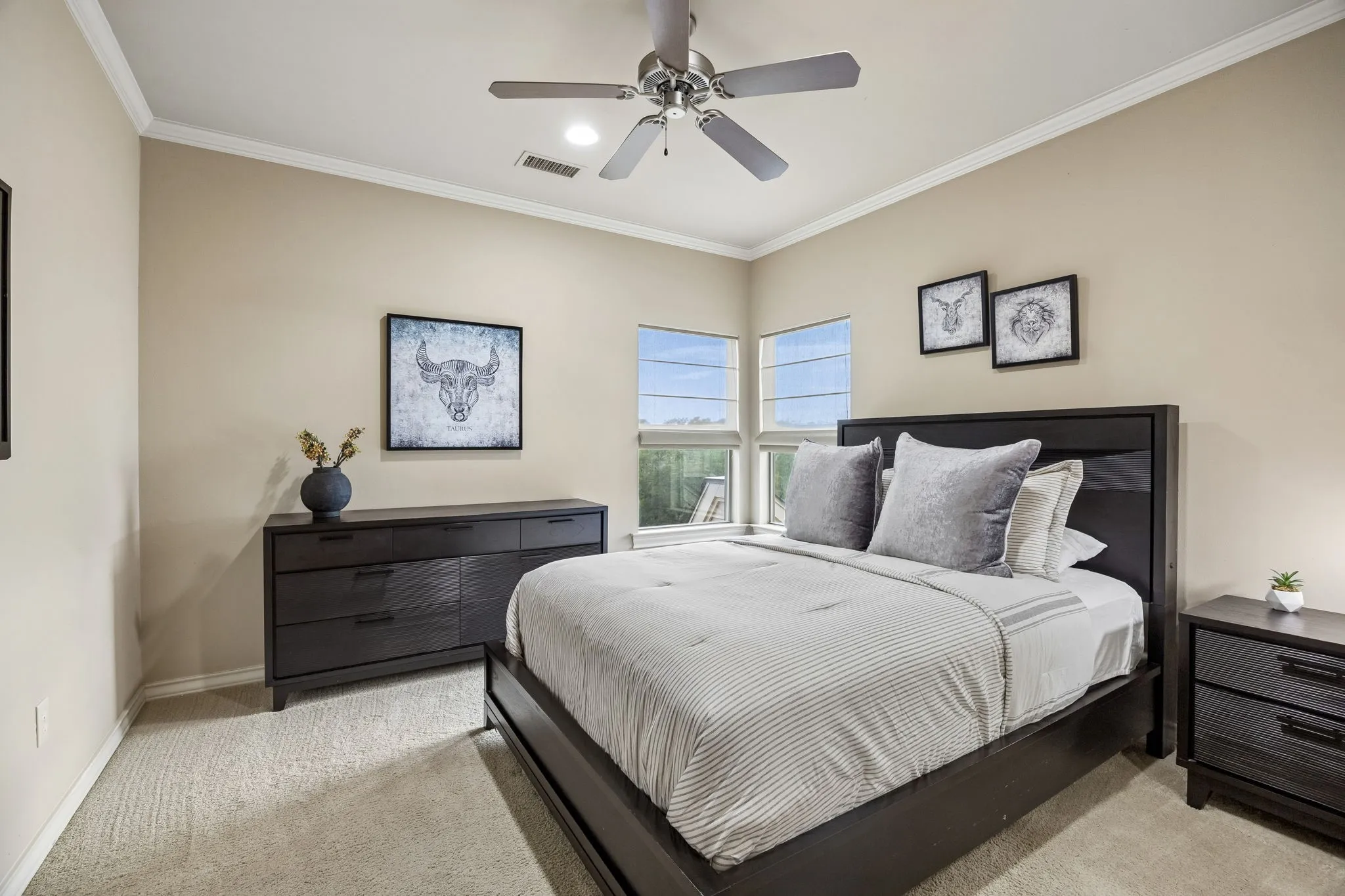 Carpeted room featuring crown molding, two windows, and a ceiling fan with light fixture