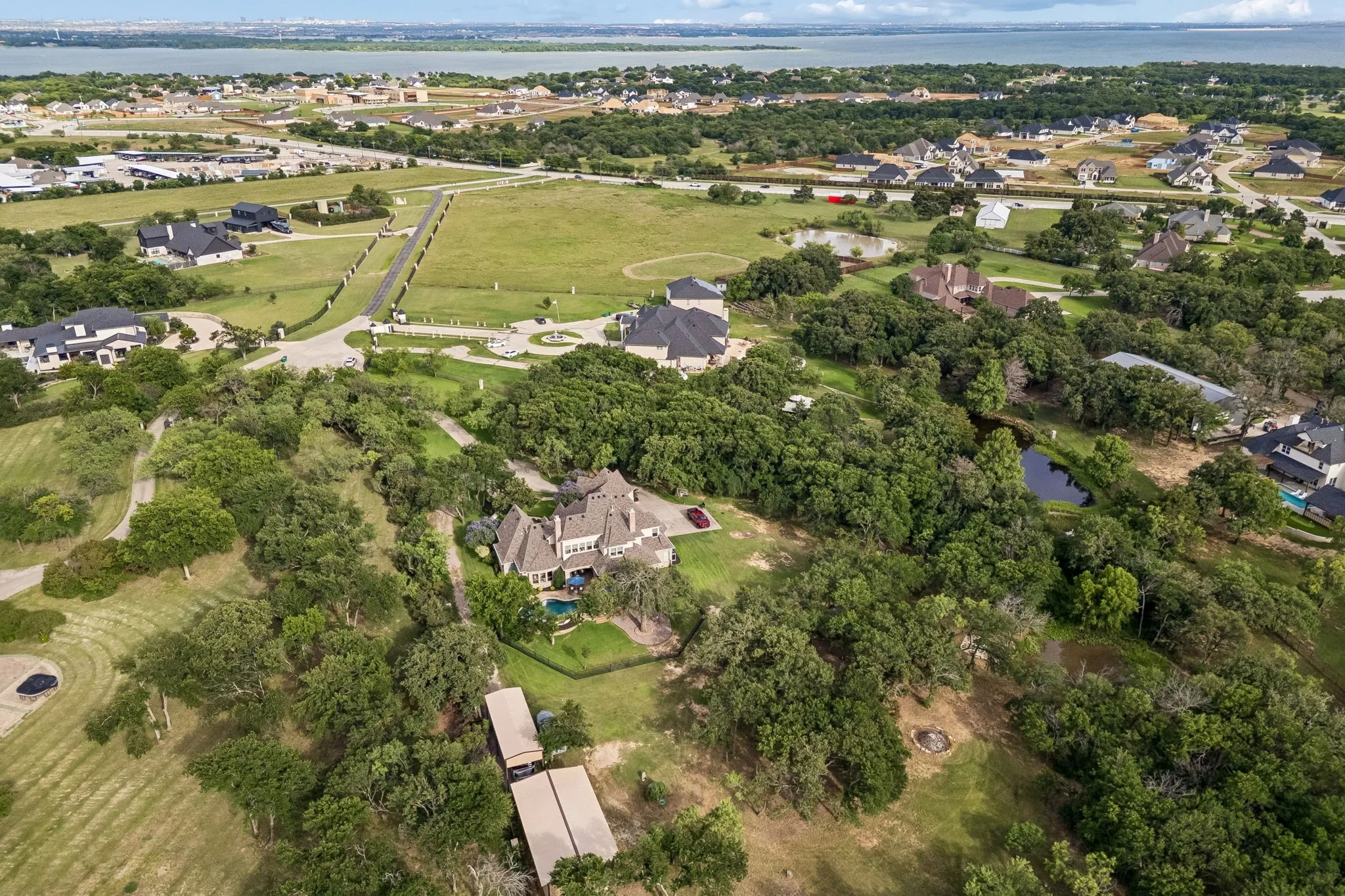 Aerial perspective showcasing a residential area with varied lot sizes