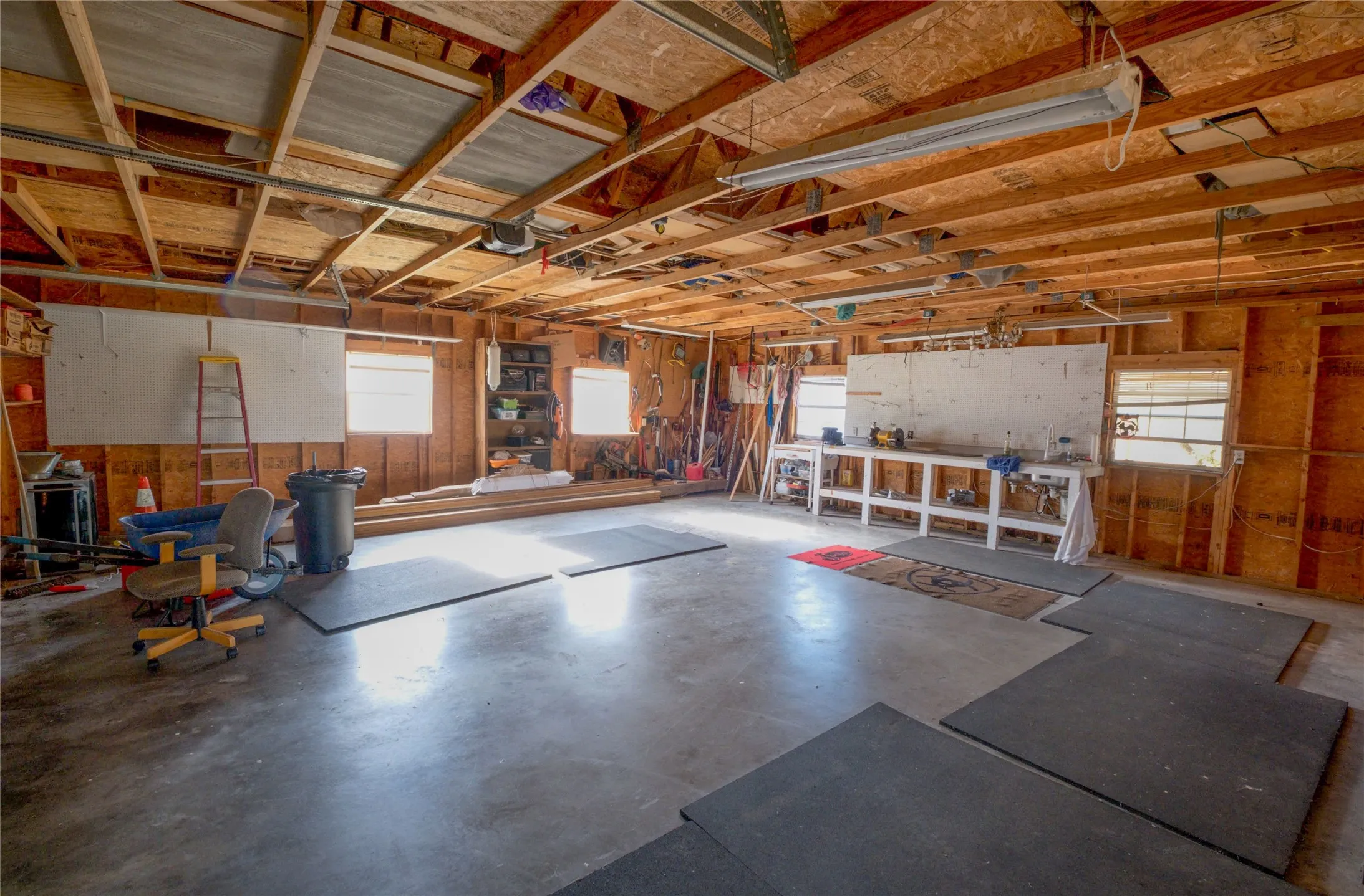 View inside detached shop building.