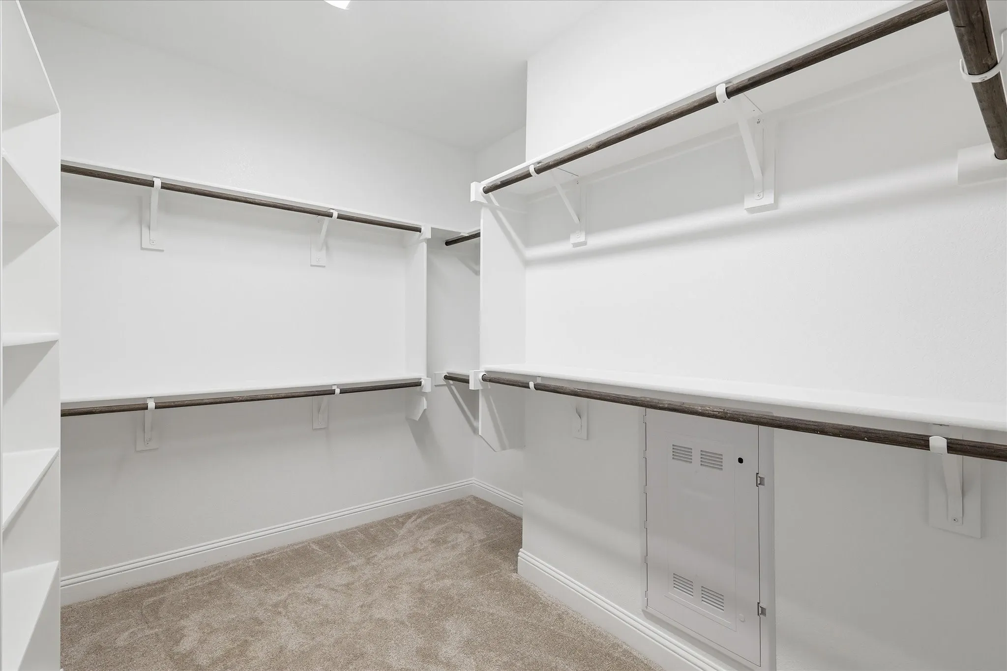 Spacious walk-in closet featuring built-in shelving, multiple hanging rods, and plush carpet flooring