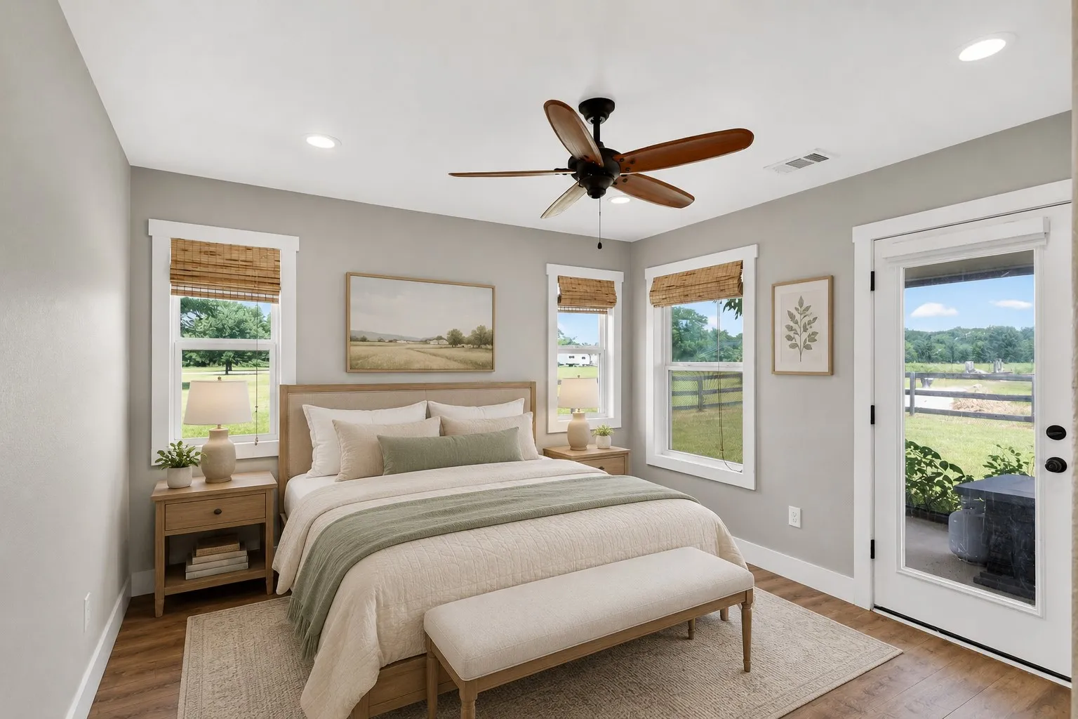 Bedroom featuring wood-finish flooring, recessed lighting, and a ceiling fan. Some elements are virtually staged.