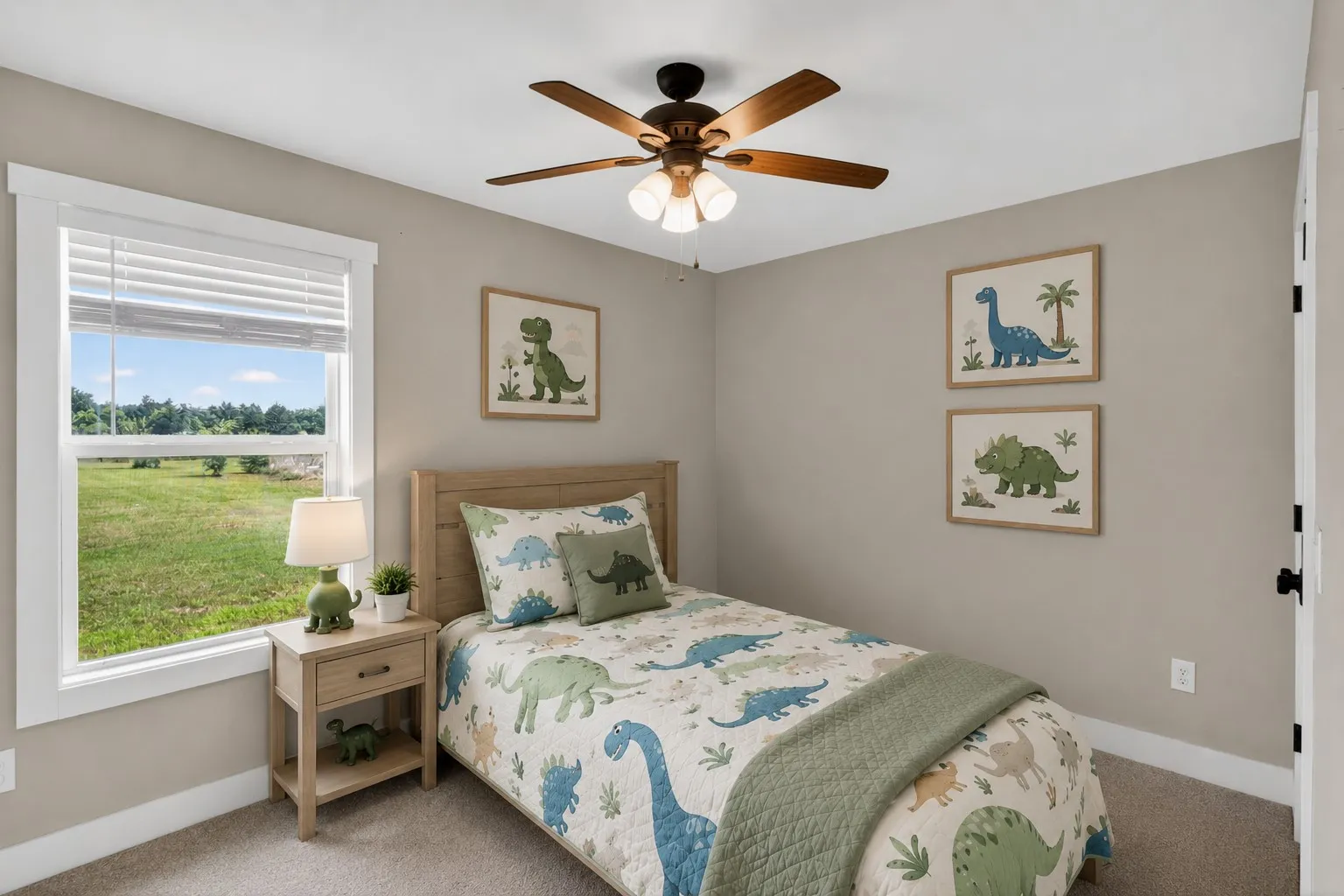 Bedroom featuring a single window with blinds, a ceiling fan with integrated lighting, and carpeted flooring. Some elements are virtually staged.