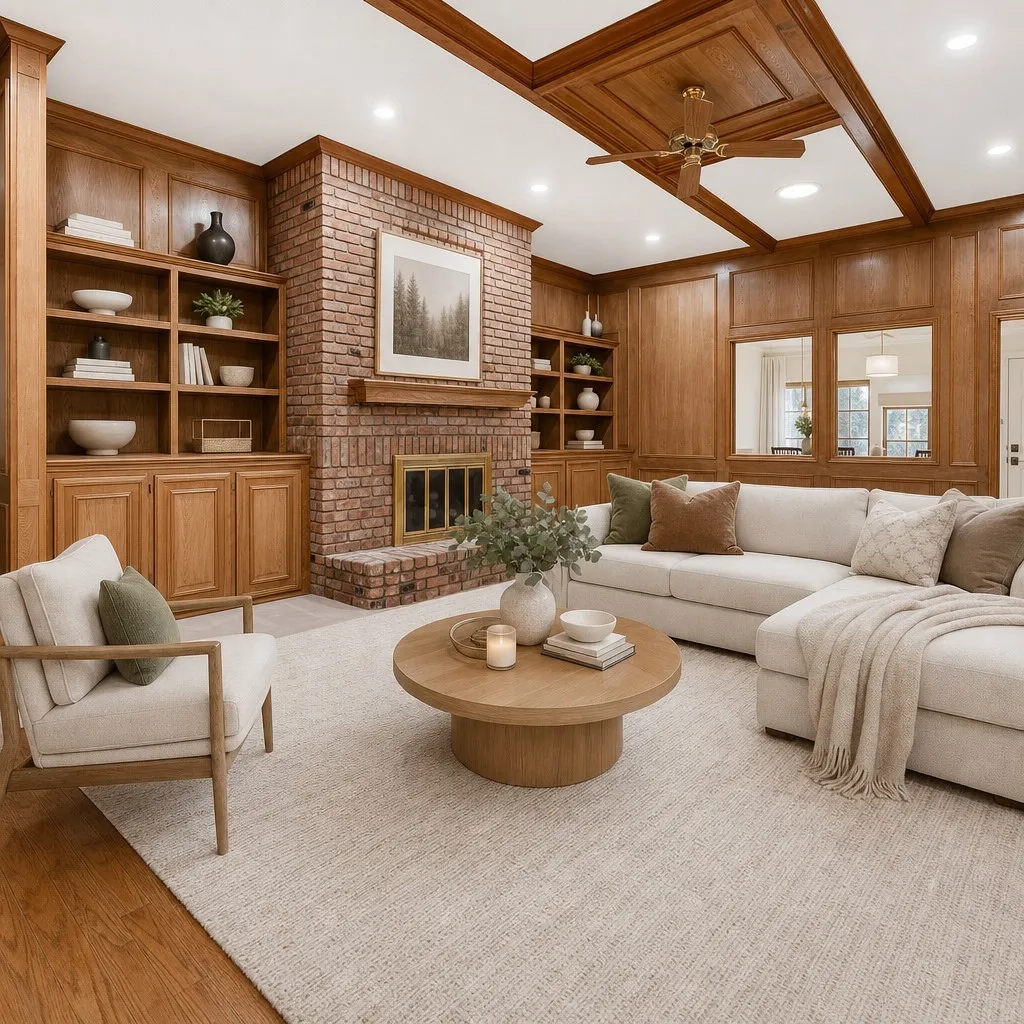 VIRTUALLY STAGED Spacious living area featuring extensive wood-paneled walls and built-in cabinetry