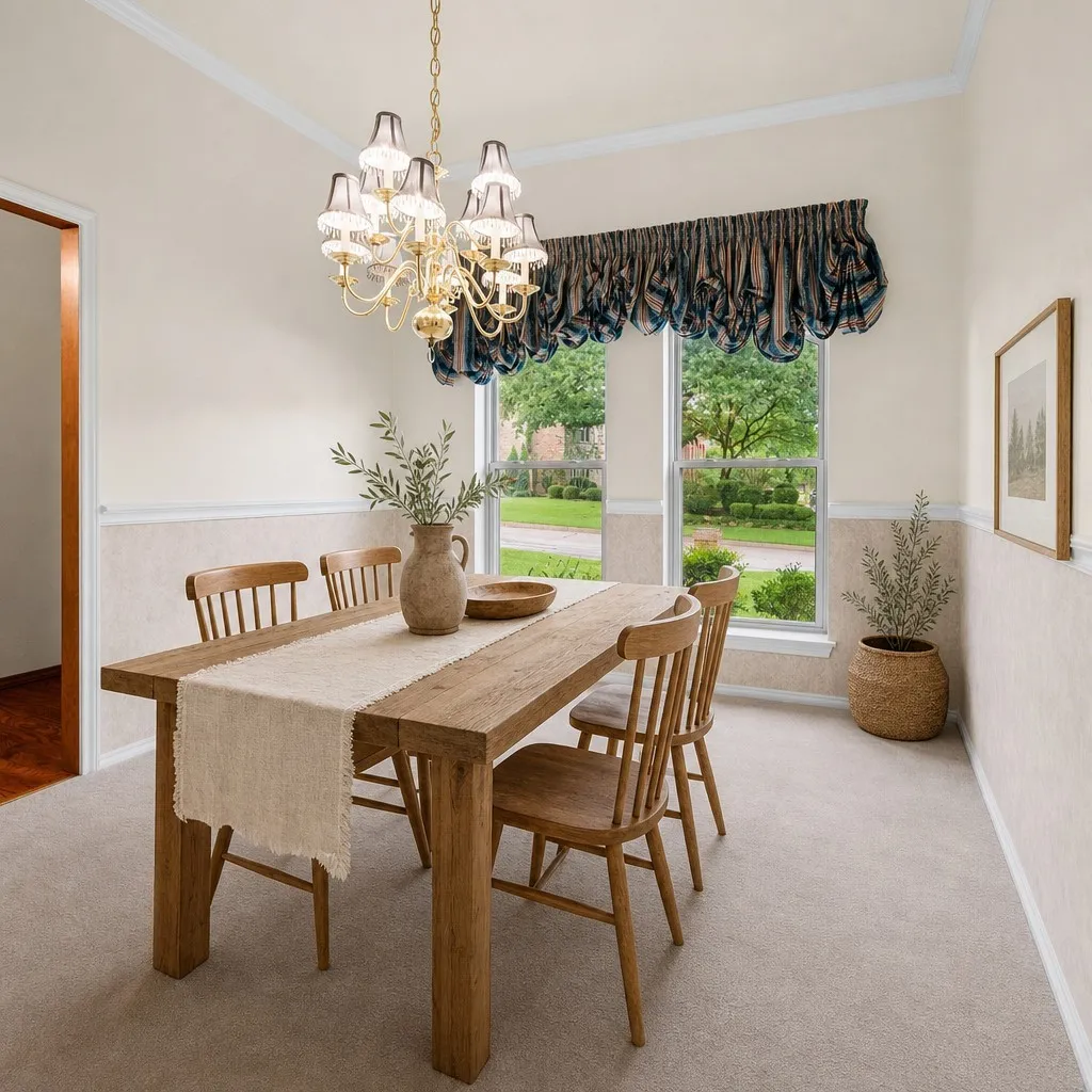 VIRTUALLY STAGED Dining area featuring a brass chandelier with frosted glass shades, a chair rail, and wall-to-wall carpeting
