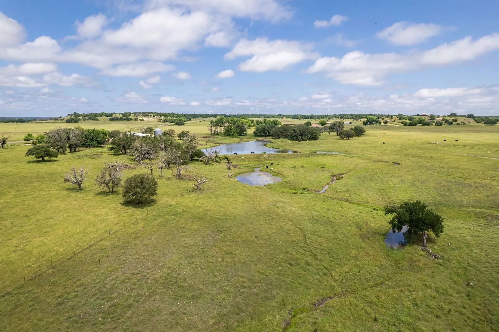 Expansive acreage featuring rolling green pastures, multiple water bodies, mature trees, and agricultural structures
