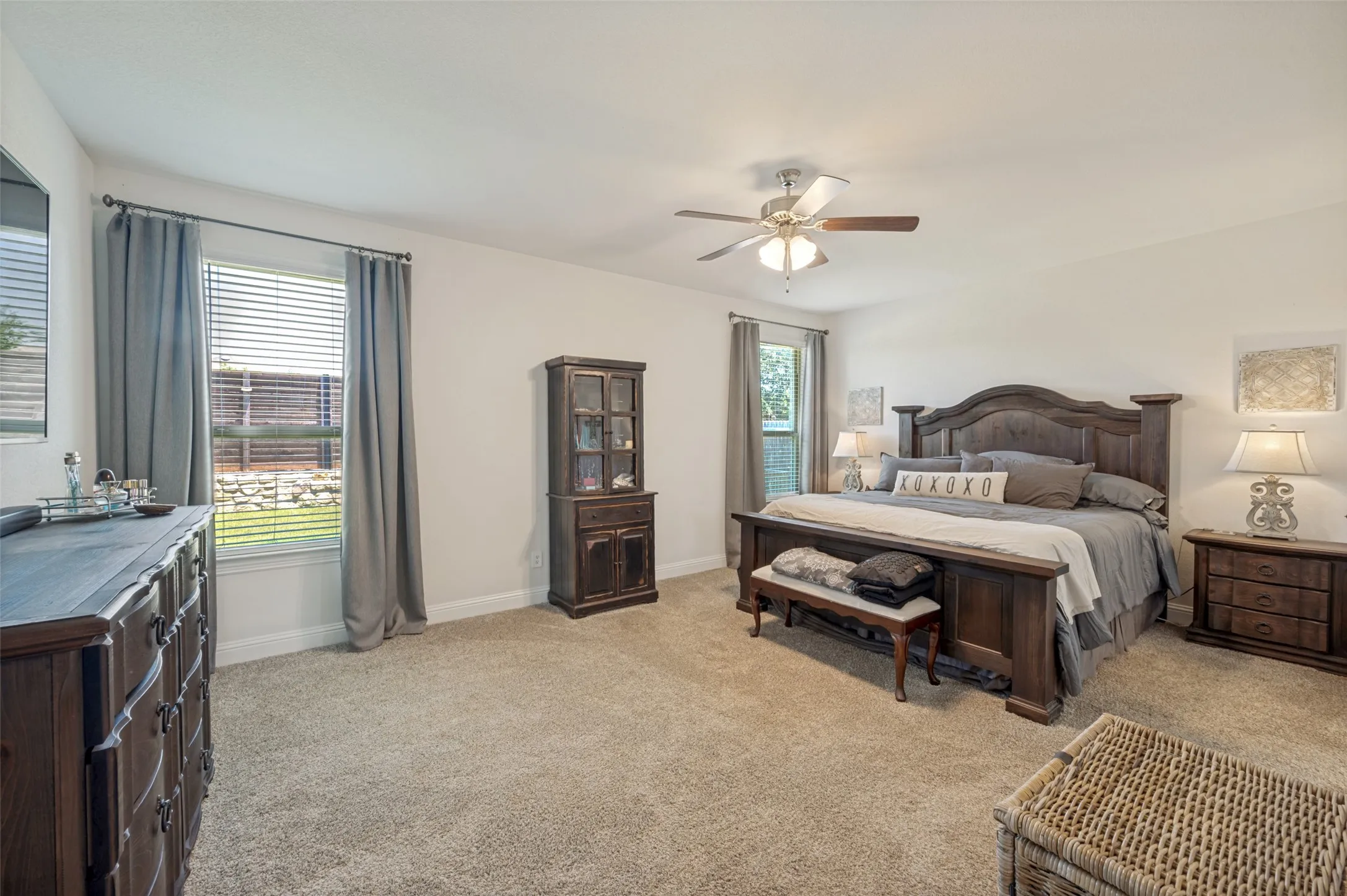 Spacious room featuring neutral carpeting, light-toned walls, and multiple windows