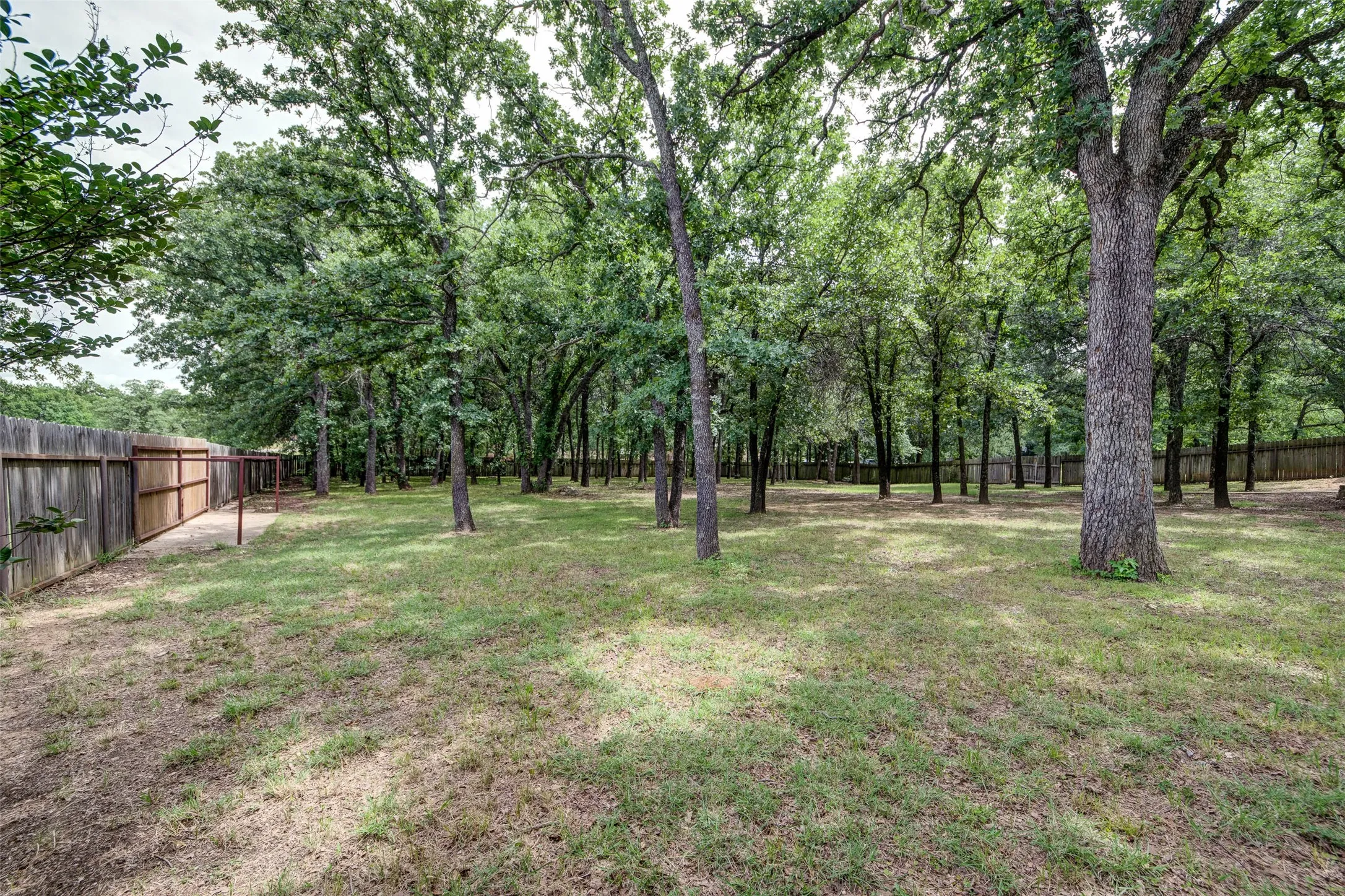 Expansive backyard featuring a mature treeline, partial wood fencing, and a grassy lawn