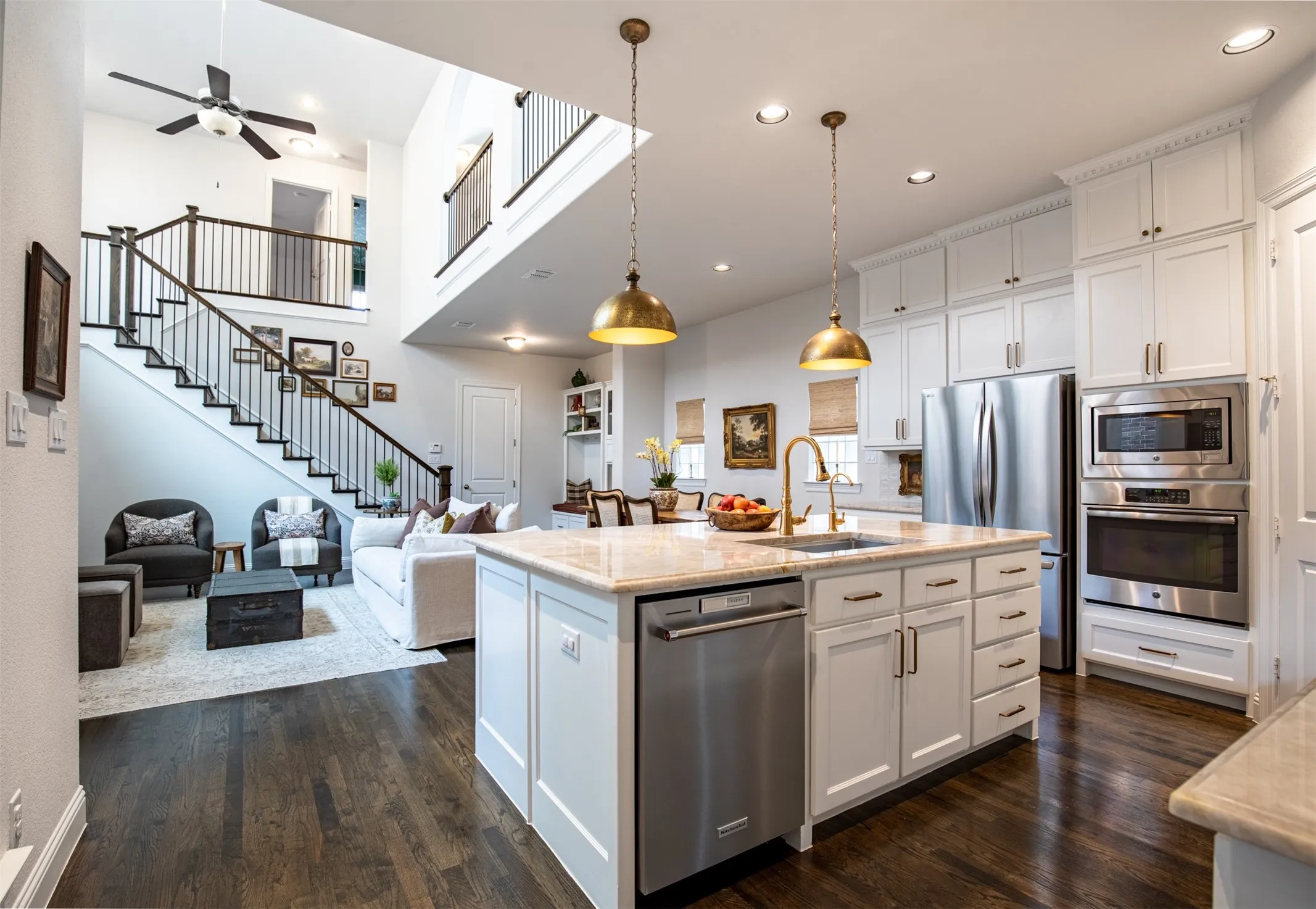 New Dishwasher, Farmhouse sink, New Faucets, new lights. Open-concept living space