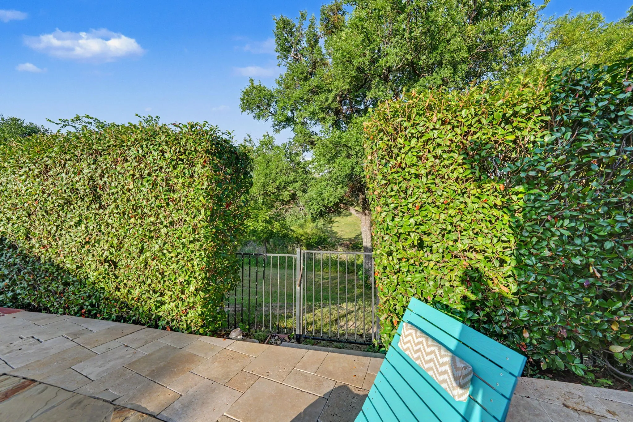 private backyard overlooking the greenbelt, simple stream, and lake over the treeline