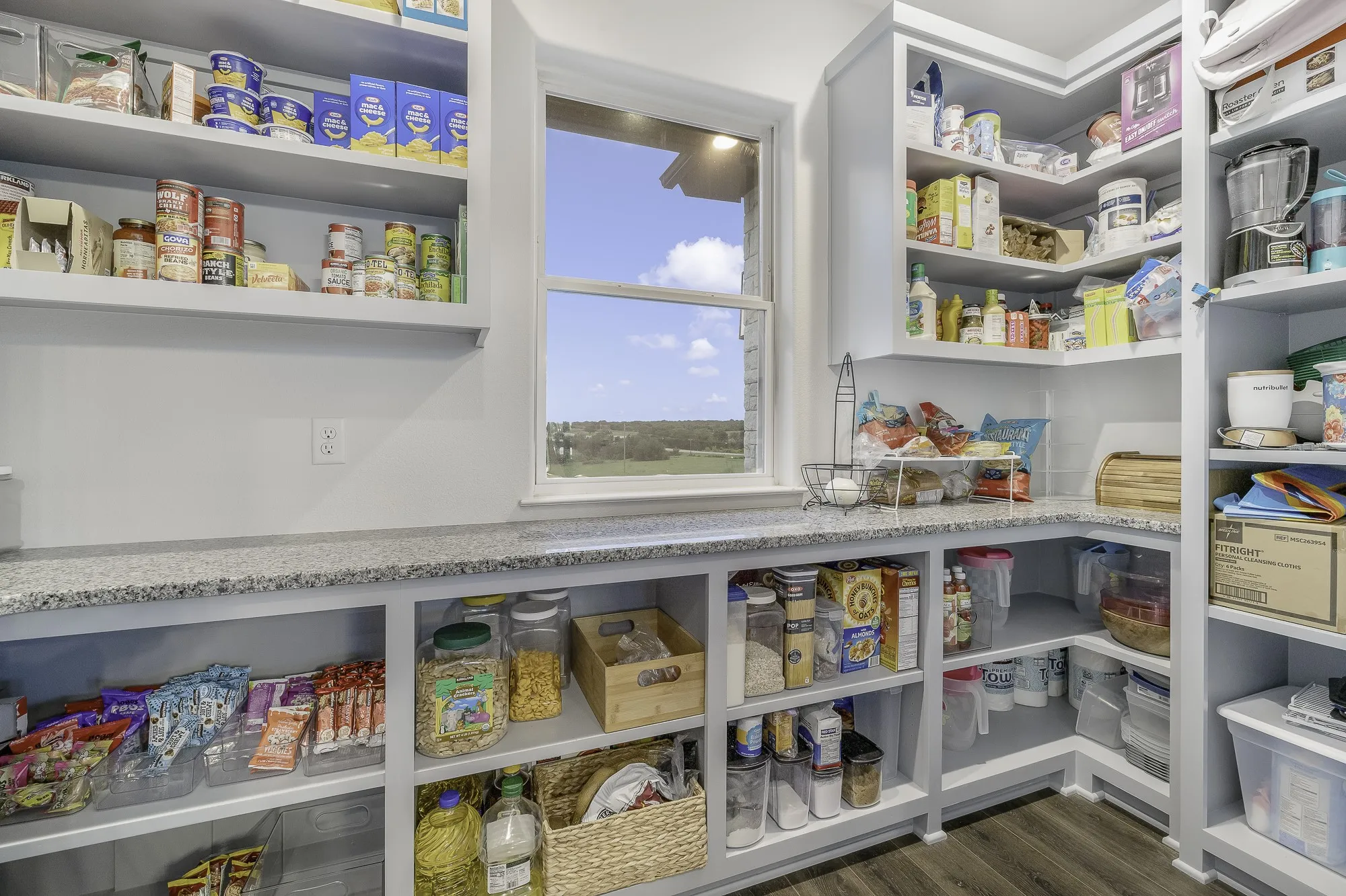 Spacious pantry featuring extensive built-in shelving, ample counter space with a light-colored speckled finish, and a window with natural light