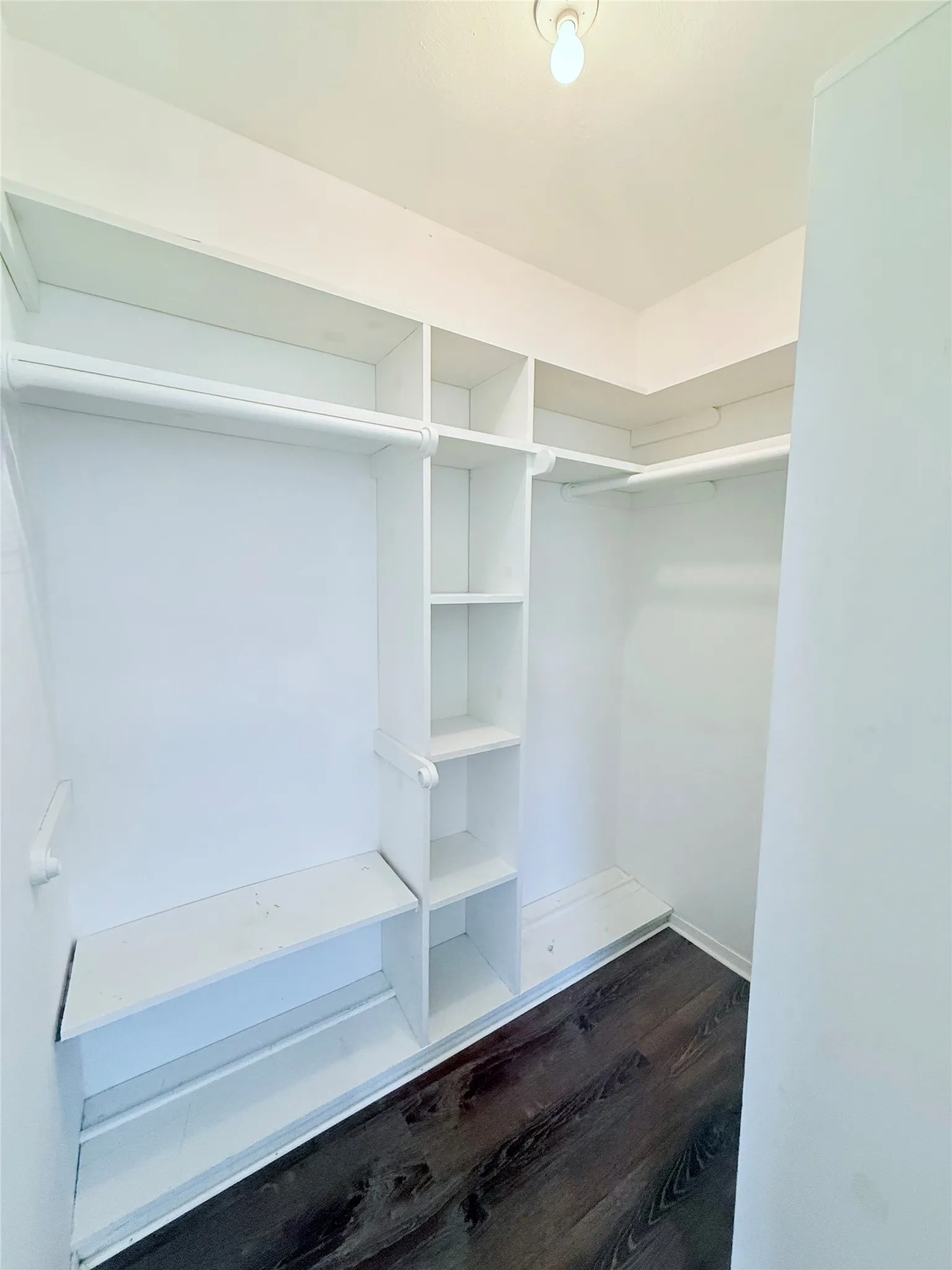 Walk-in closet featuring built-in shelving, multiple hanging rods, and wood-finish flooring