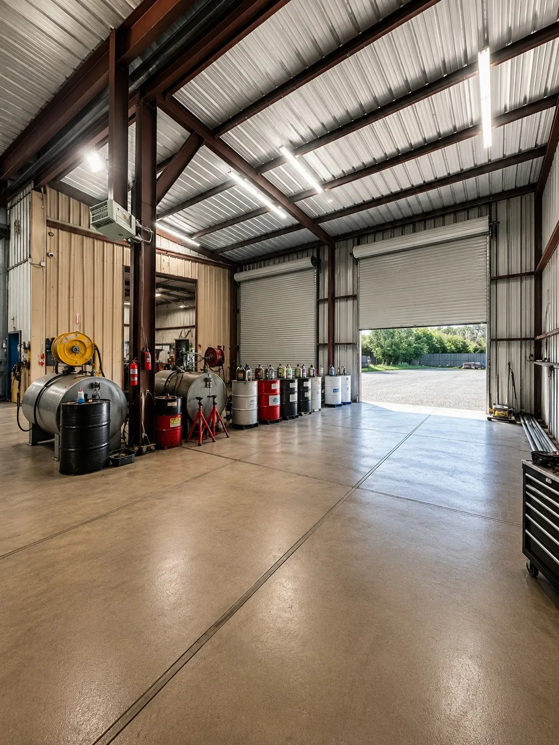Spacious industrial interior featuring a high corrugated metal ceiling, exposed structural beams, multiple fluorescent light fixtures, and a large roll-up door