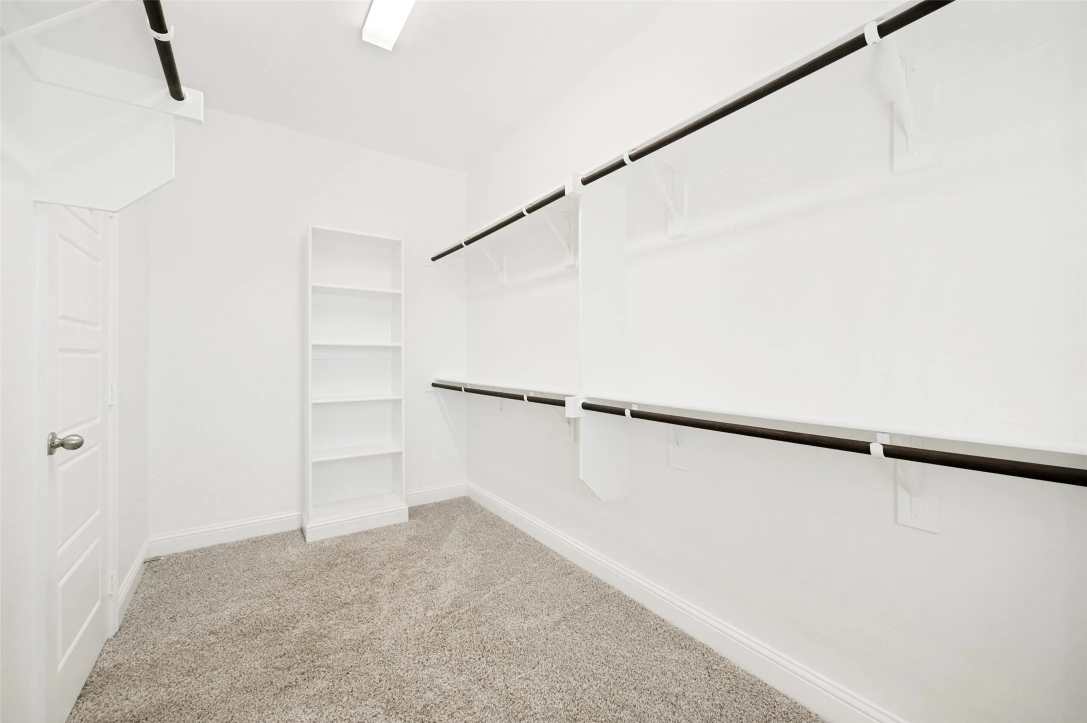 Walk-in closet featuring light grey carpet, white walls, and a five-shelf white built-in bookcase