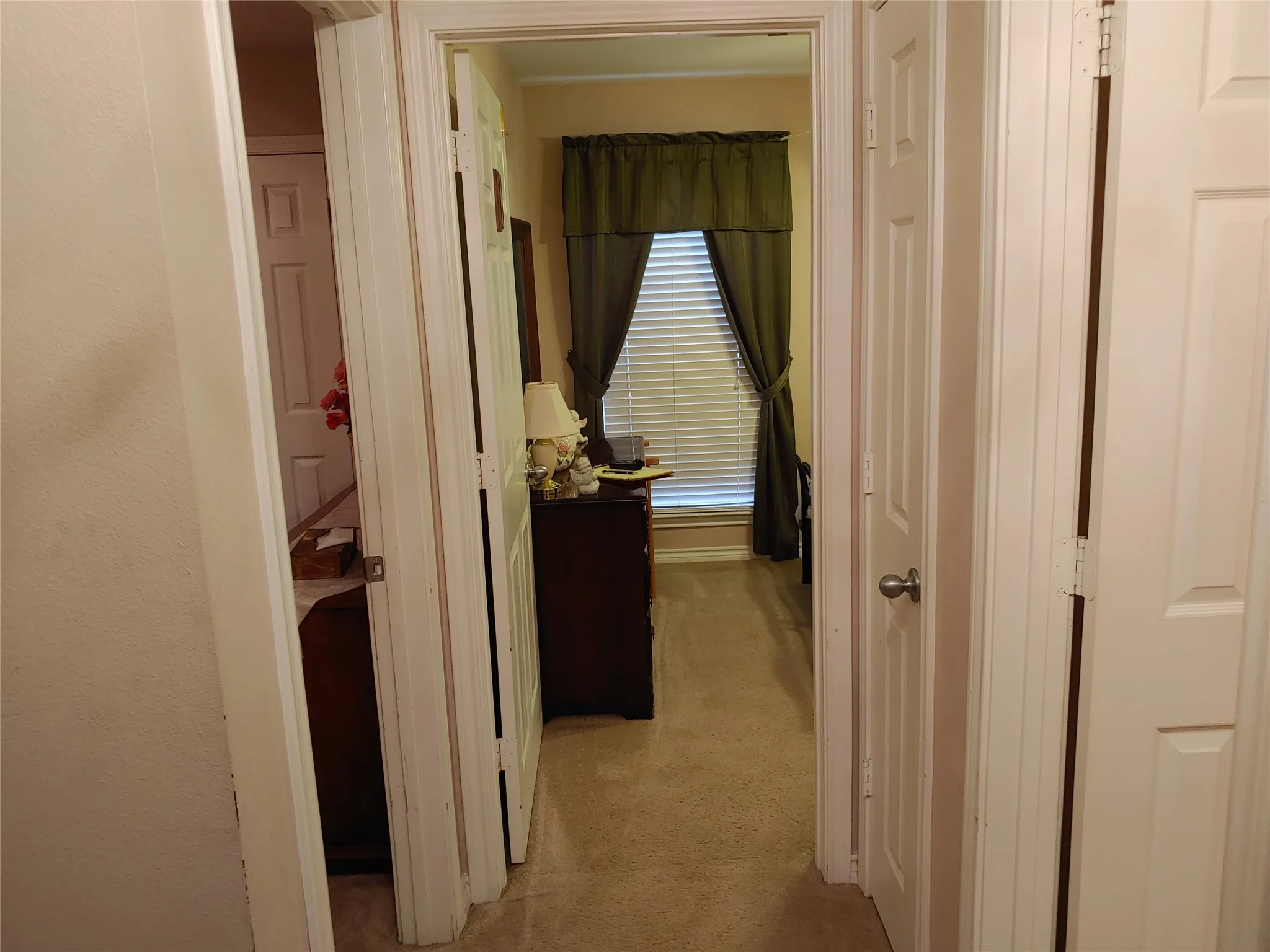 Interior hallway featuring neutral wall paint and carpeted flooring
