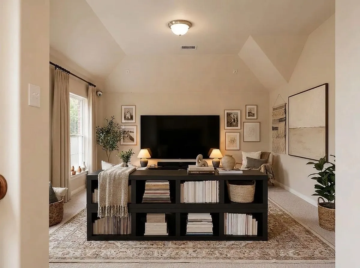 Whether it's movie marathons, gaming, or watching the big game, this dedicated media room creates an inviting space designed for entertainment and relaxation. Image has been virtually staged and digitally modified.