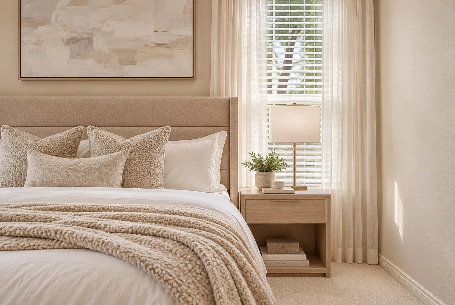 The private owner's retreat offers generous proportions, peaceful backyard views, and direct access to a luxurious ensuite designed for comfort and relaxation. Image has been virtually staged and digitally modified.