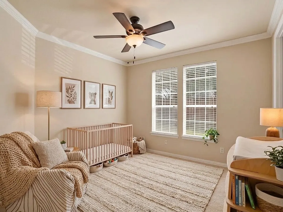 One of the home's most versatile spaces, this first-floor secondary bedroom has served as both a private office and a nursery. Its location also presents a unique opportunity to create future access to the expansive side yard, maximizing the advantages of the oversized corner lot. Image has been virtually staged and digitally modified.