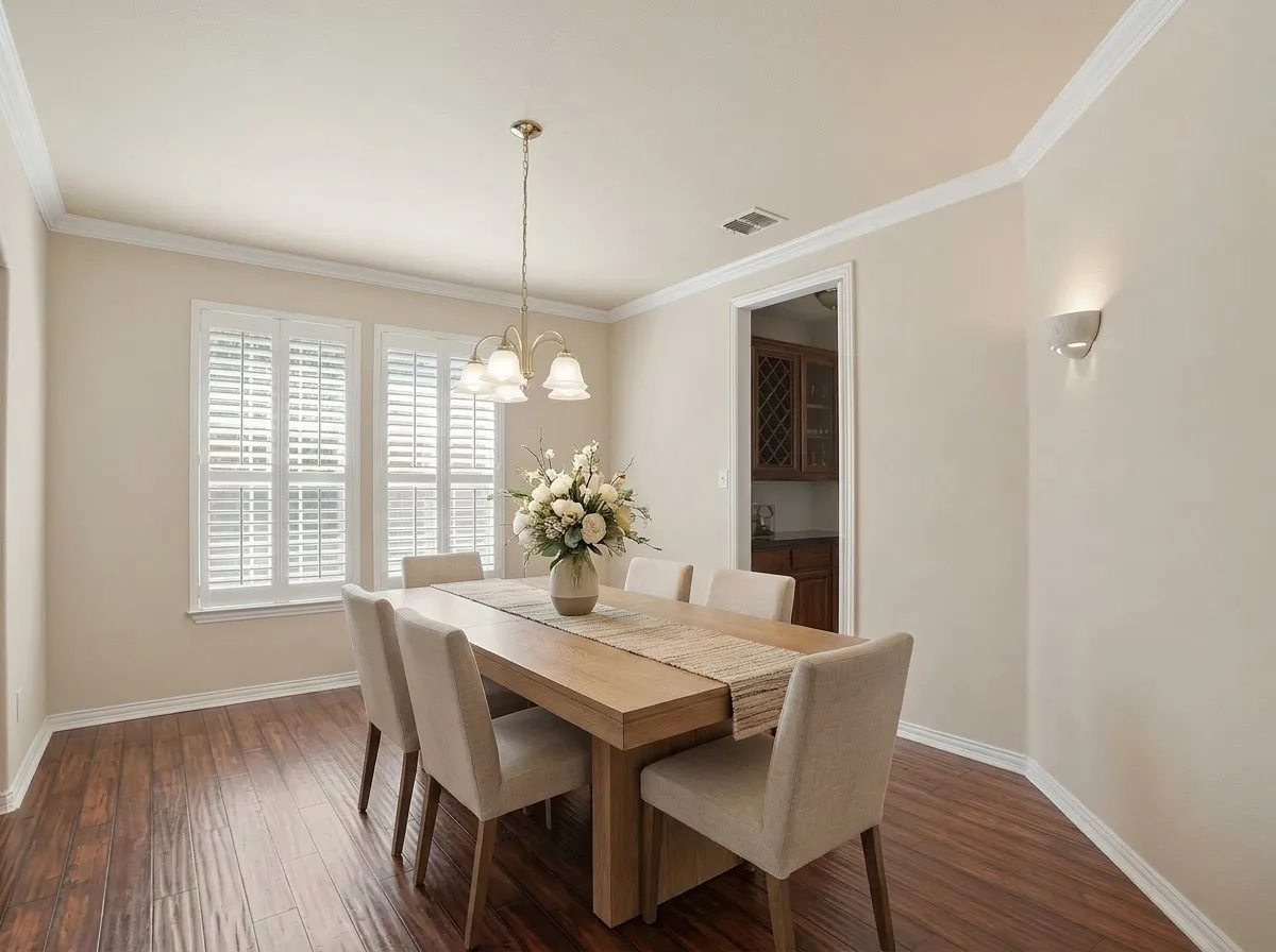 Rich hardwood flooring and an inviting layout create an elegant dining space equally suited for holiday gatherings, celebrations, or intimate dinners with loved ones.