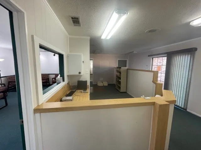 Reception area featuring a wood-finish counter with a service window, carpeted flooring, and fluorescent lighting